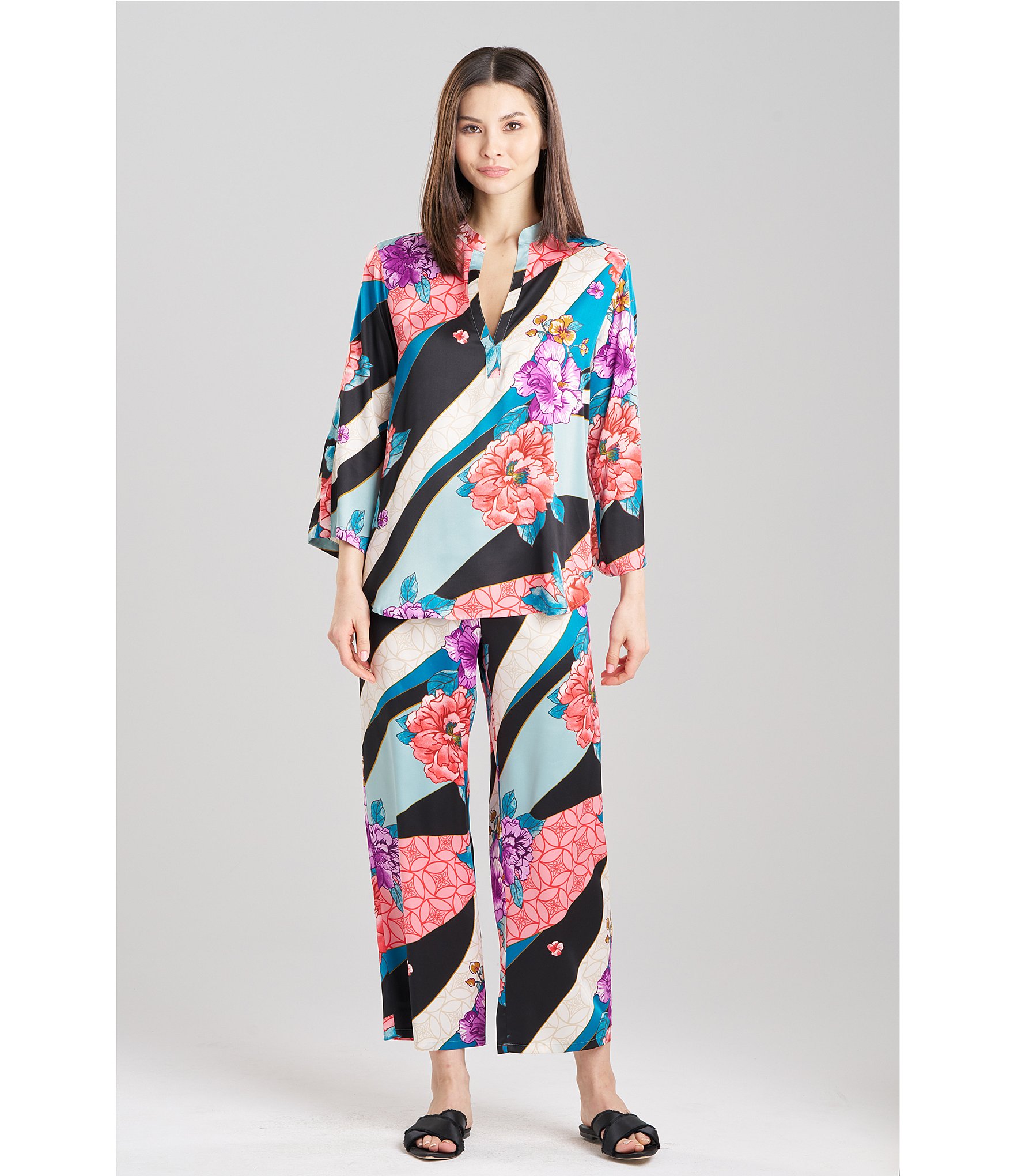 N by Natori Satin Floral Tapestry Print 3/4 Sleeve Coordinating Pajama Set