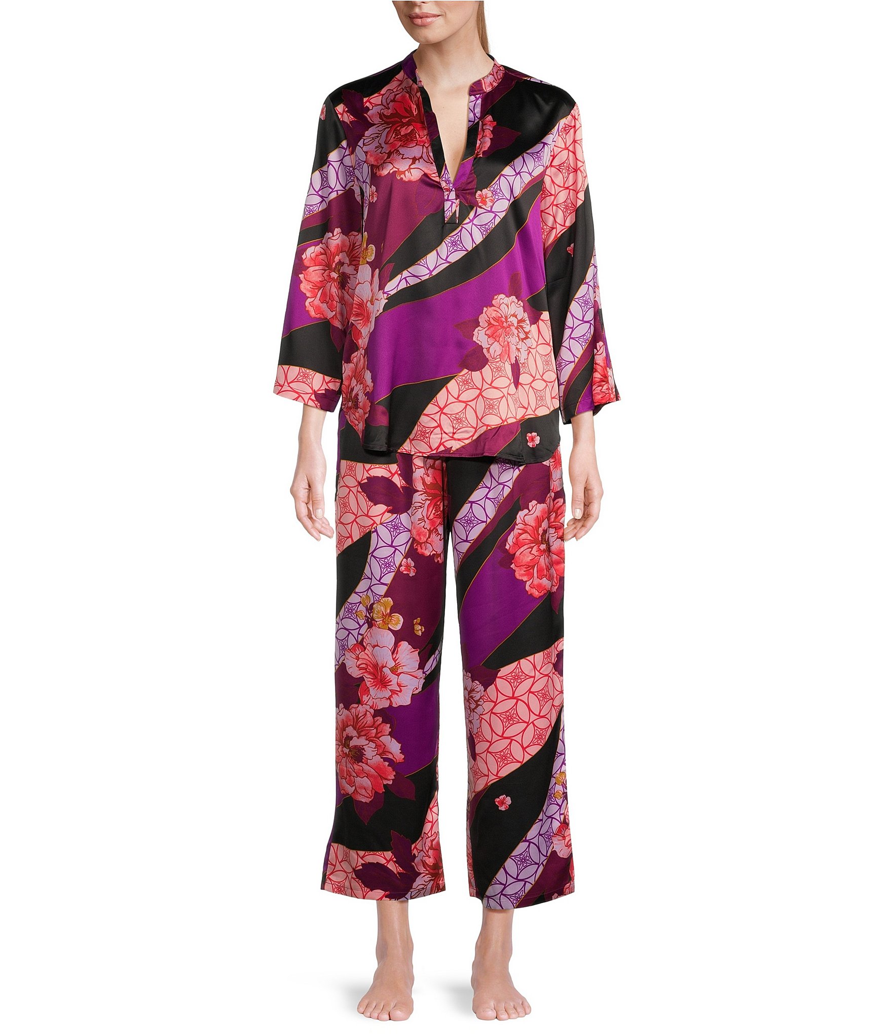 N by Natori Satin Floral Tapestry Print 3/4 Sleeve Coordinating Pajama Set