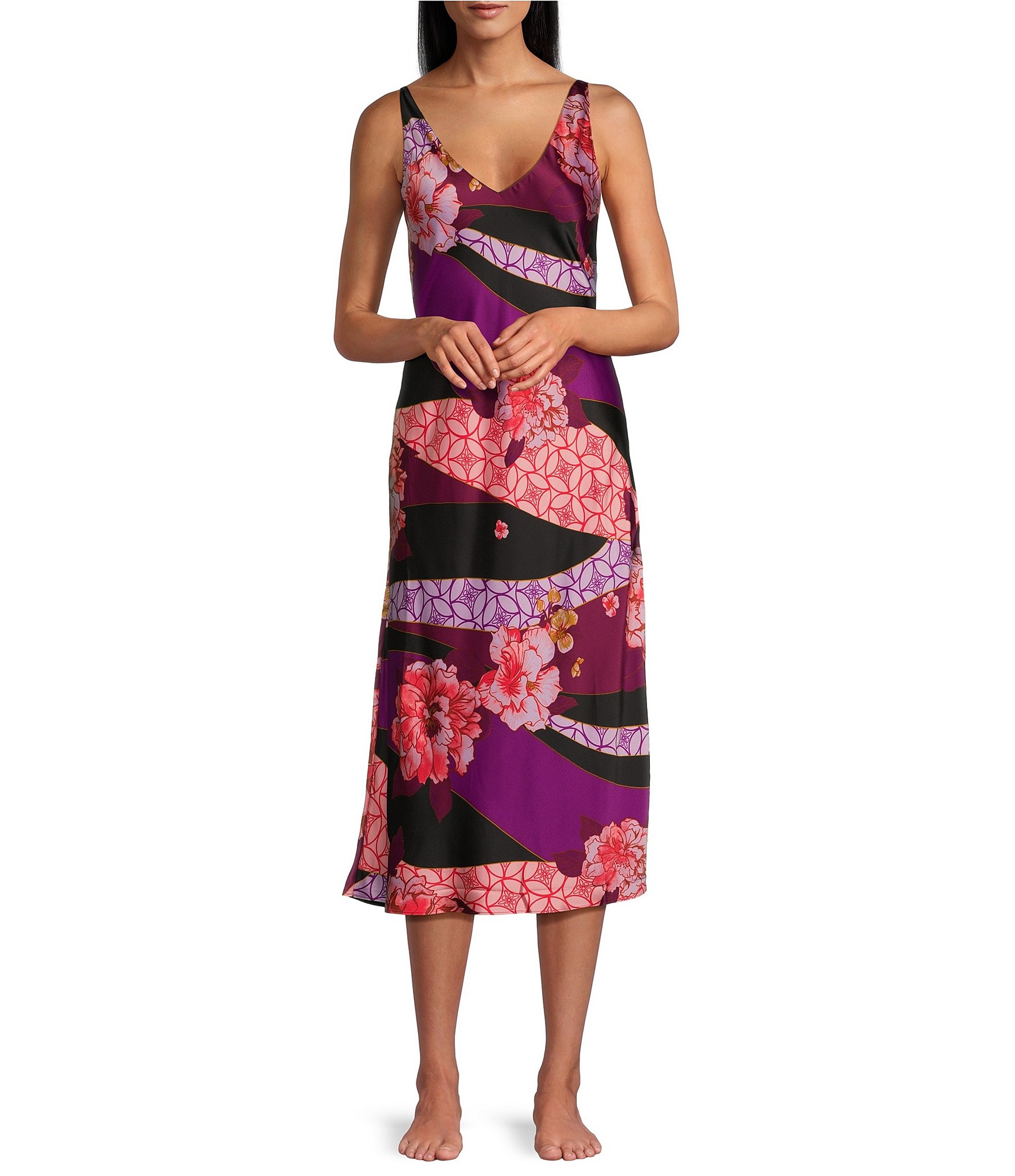 N by Natori Satin Floral Tapestry Sleeveless V-Neck Coordinating Satin Nightgown