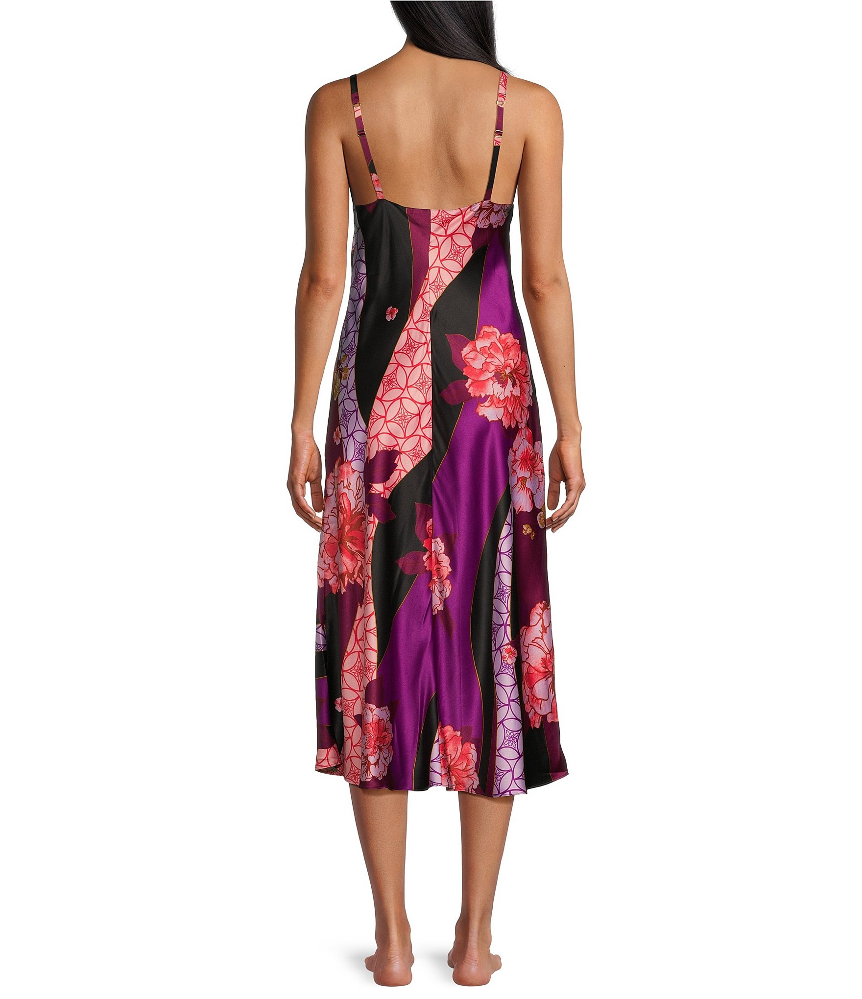 N by Natori Satin Floral Tapestry Sleeveless V-Neck Coordinating Satin Nightgown