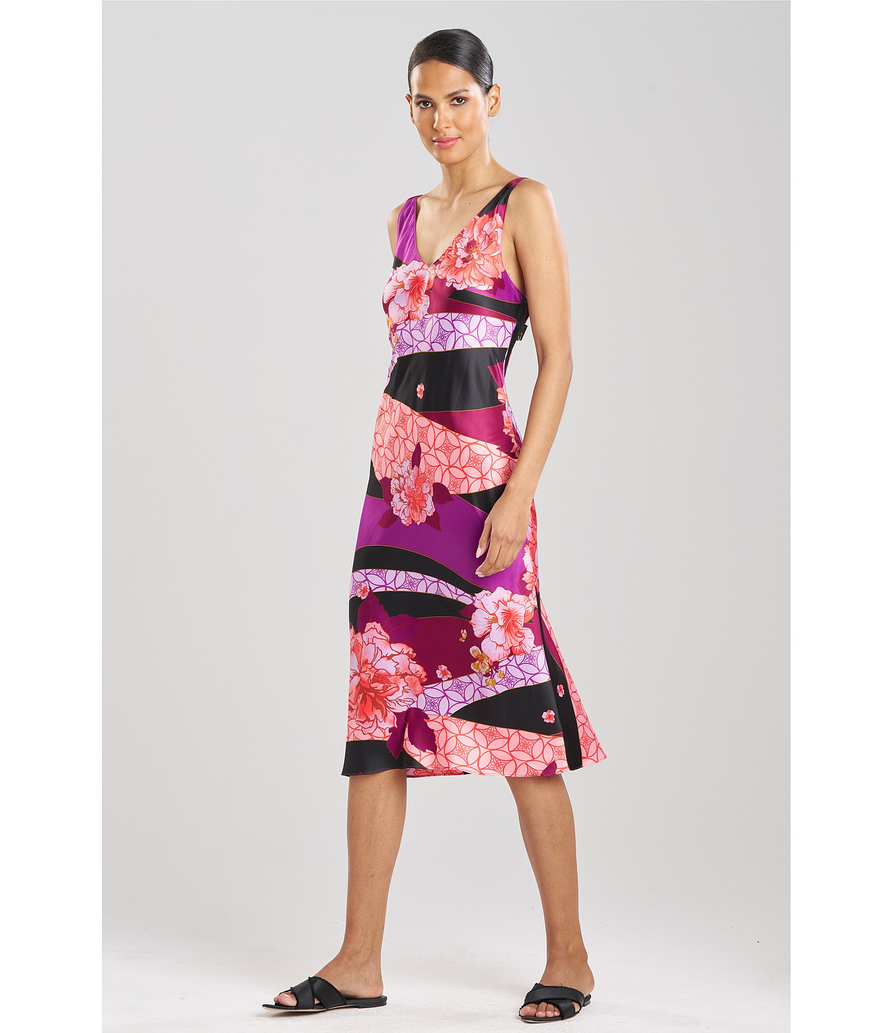 N by Natori Satin Floral Tapestry Sleeveless V-Neck Coordinating Satin Nightgown