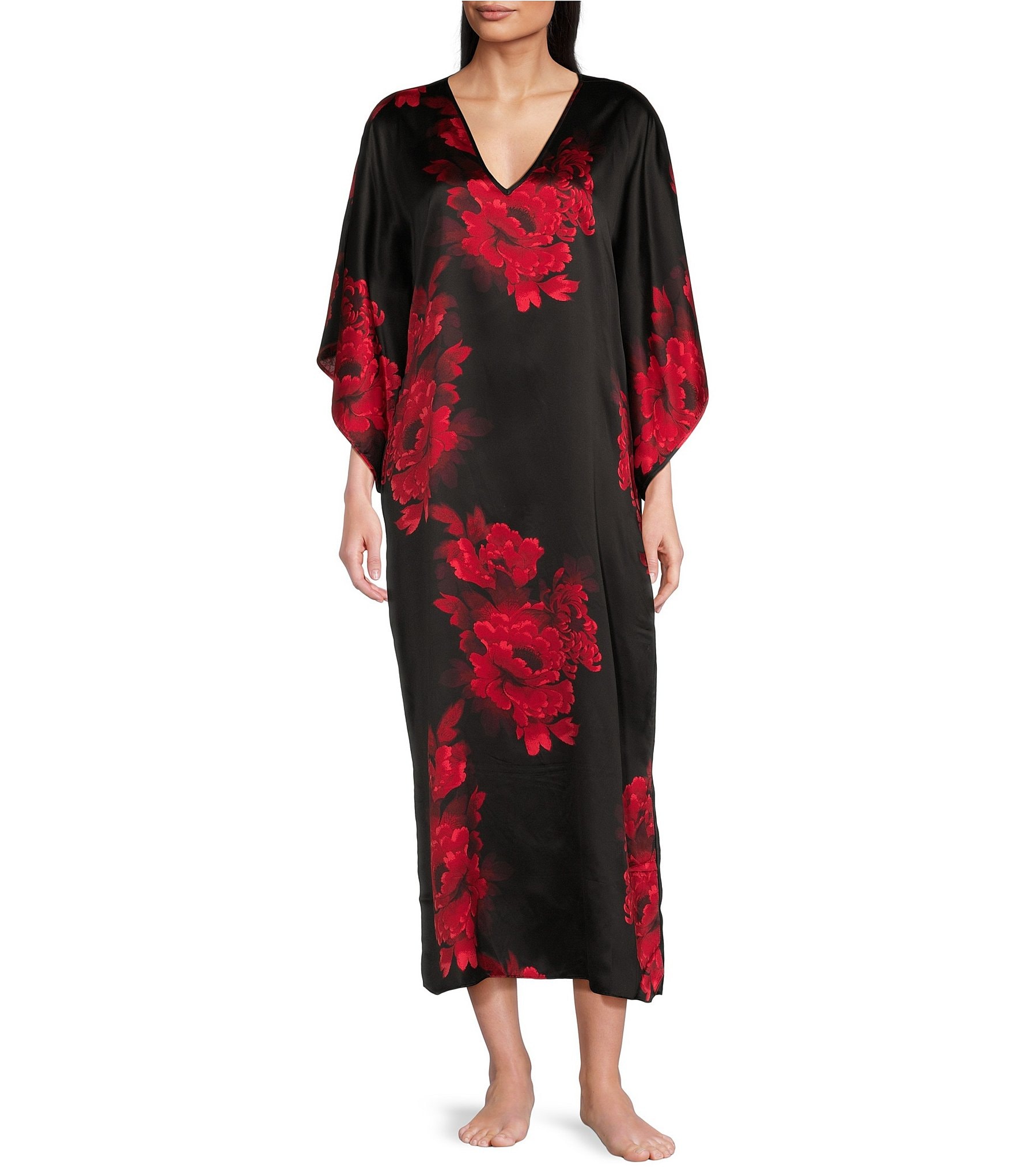 N by Natori Satin Floral V-Neck 3/4 Sleeve Butterfly Caftan | Dillard's