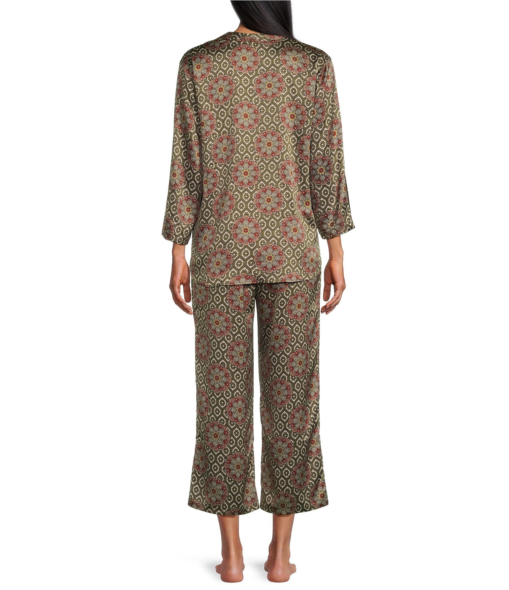 N by Natori Satin Geometric Print 3/4 Sleeve Coordinating Pajama Set