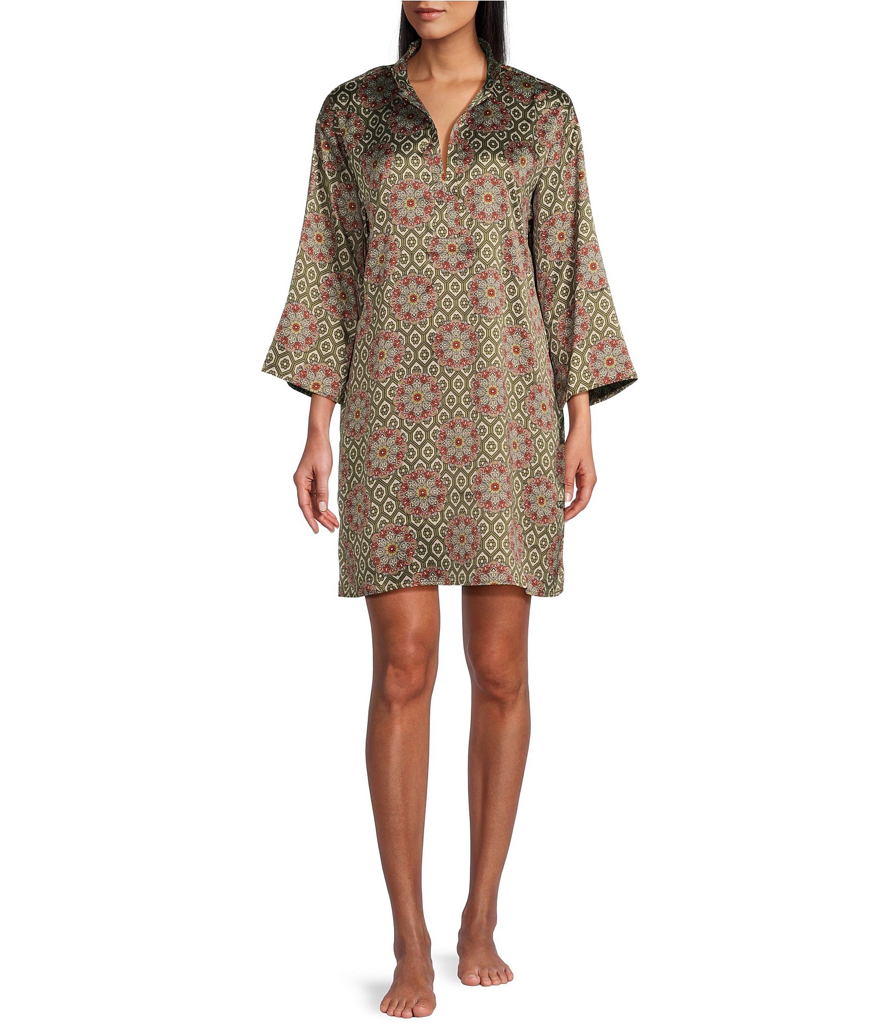 N by Natori Satin Geometric Print 3/4 Sleeve Mandarin Collar Nightshirt ...