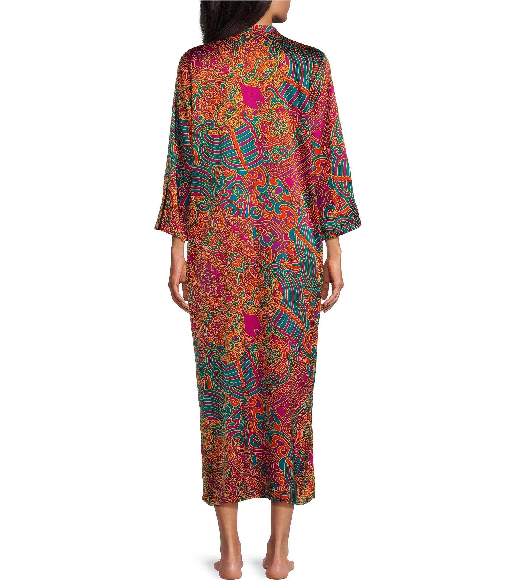 N by Natori Satin Kaleidoscope Printed 3/4 Sleeve Zip Front Caftan