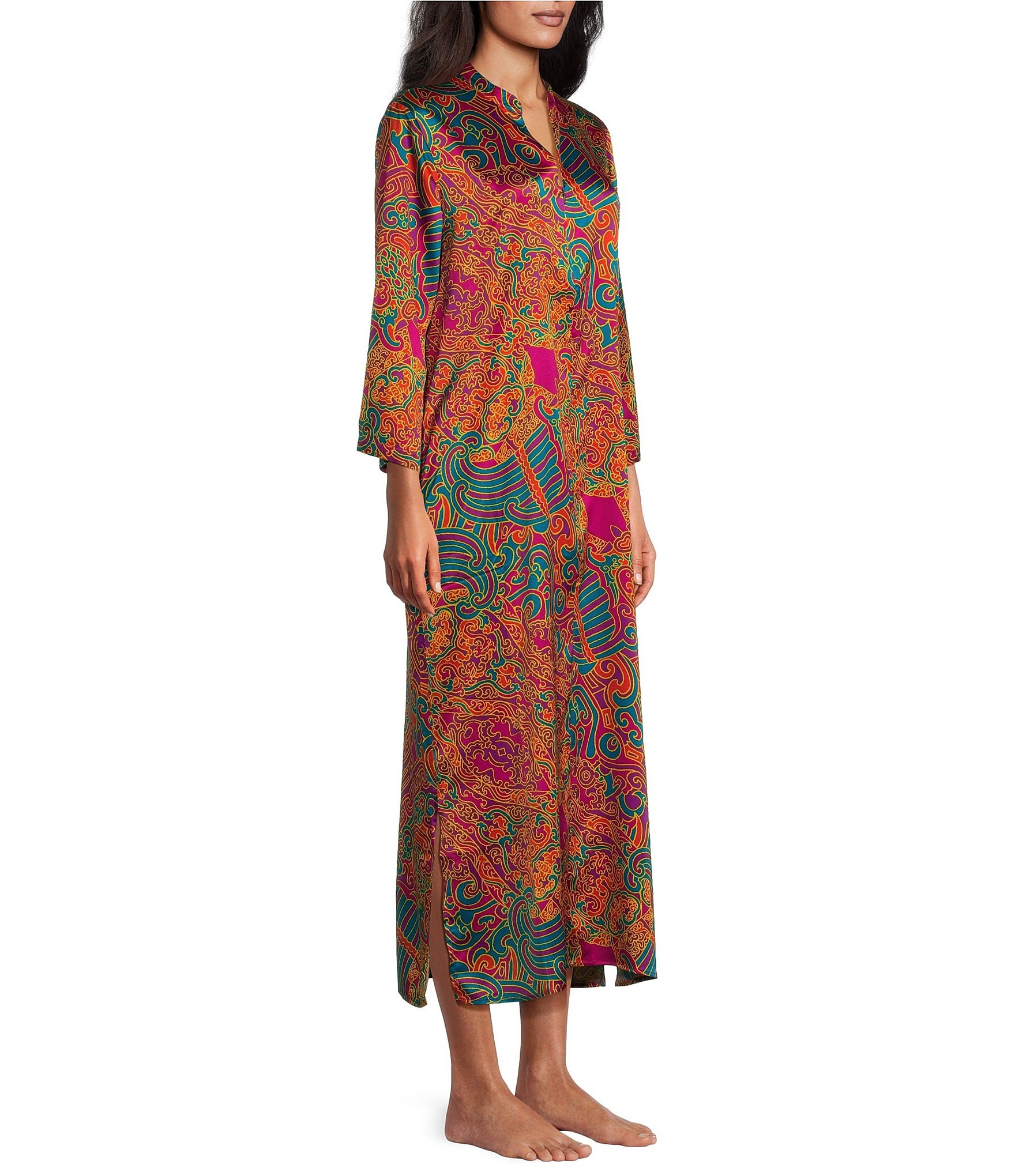 N by Natori Satin Kaleidoscope Printed 3/4 Sleeve Zip Front Caftan