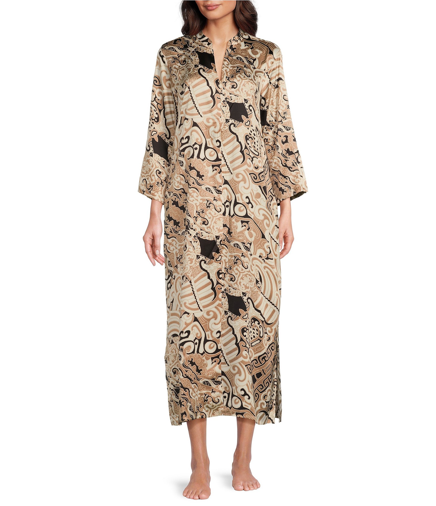 N by Natori Satin Kaleidoscope Printed 3/4 Sleeve Zip Front Caftan