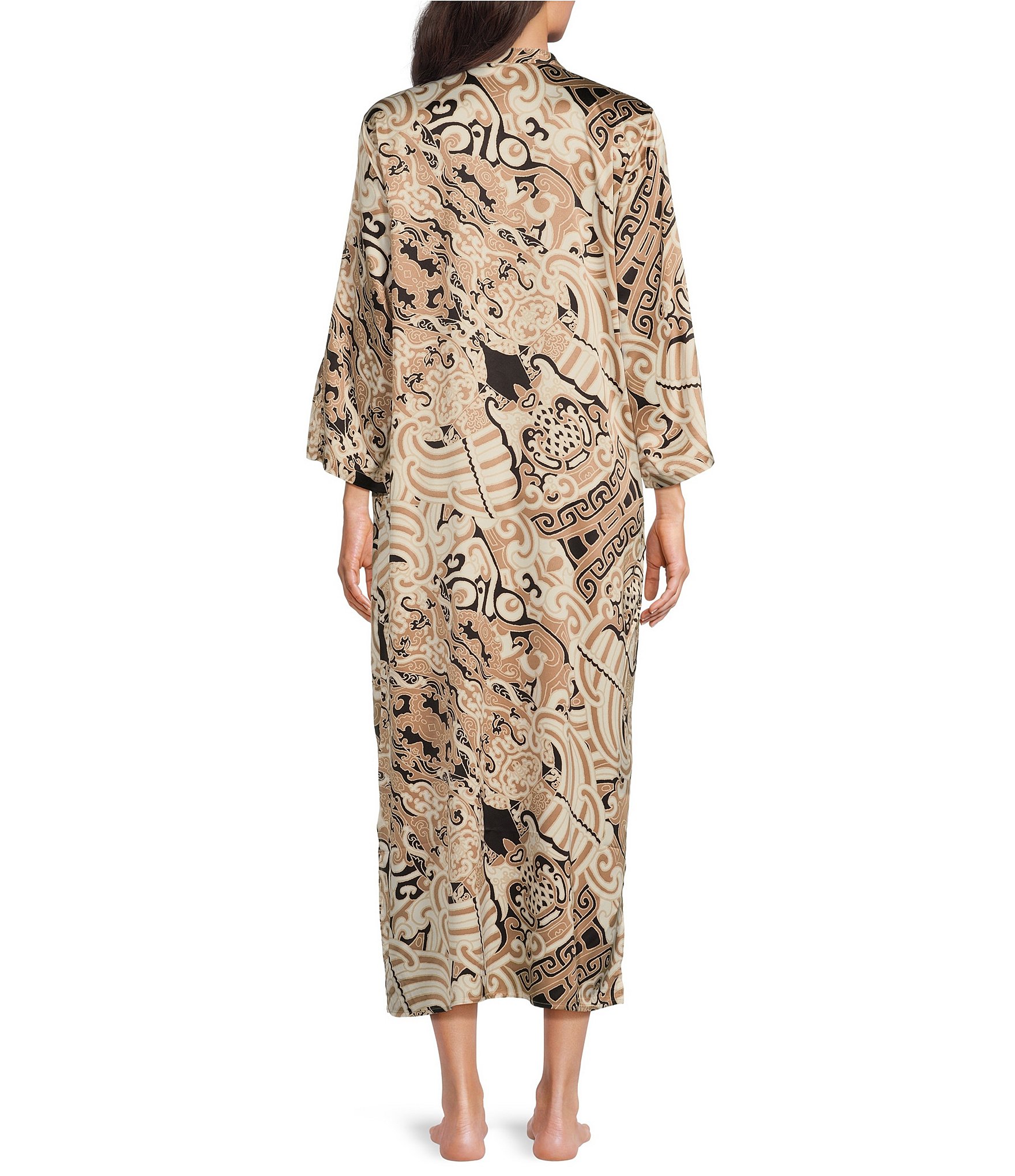 N by Natori Satin Kaleidoscope Printed 3/4 Sleeve Zip Front Caftan