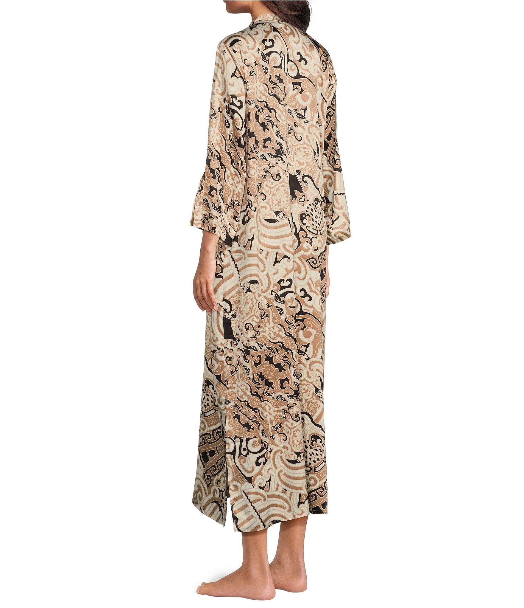 N by Natori Satin Kaleidoscope Printed 3/4 Sleeve Zip Front Caftan