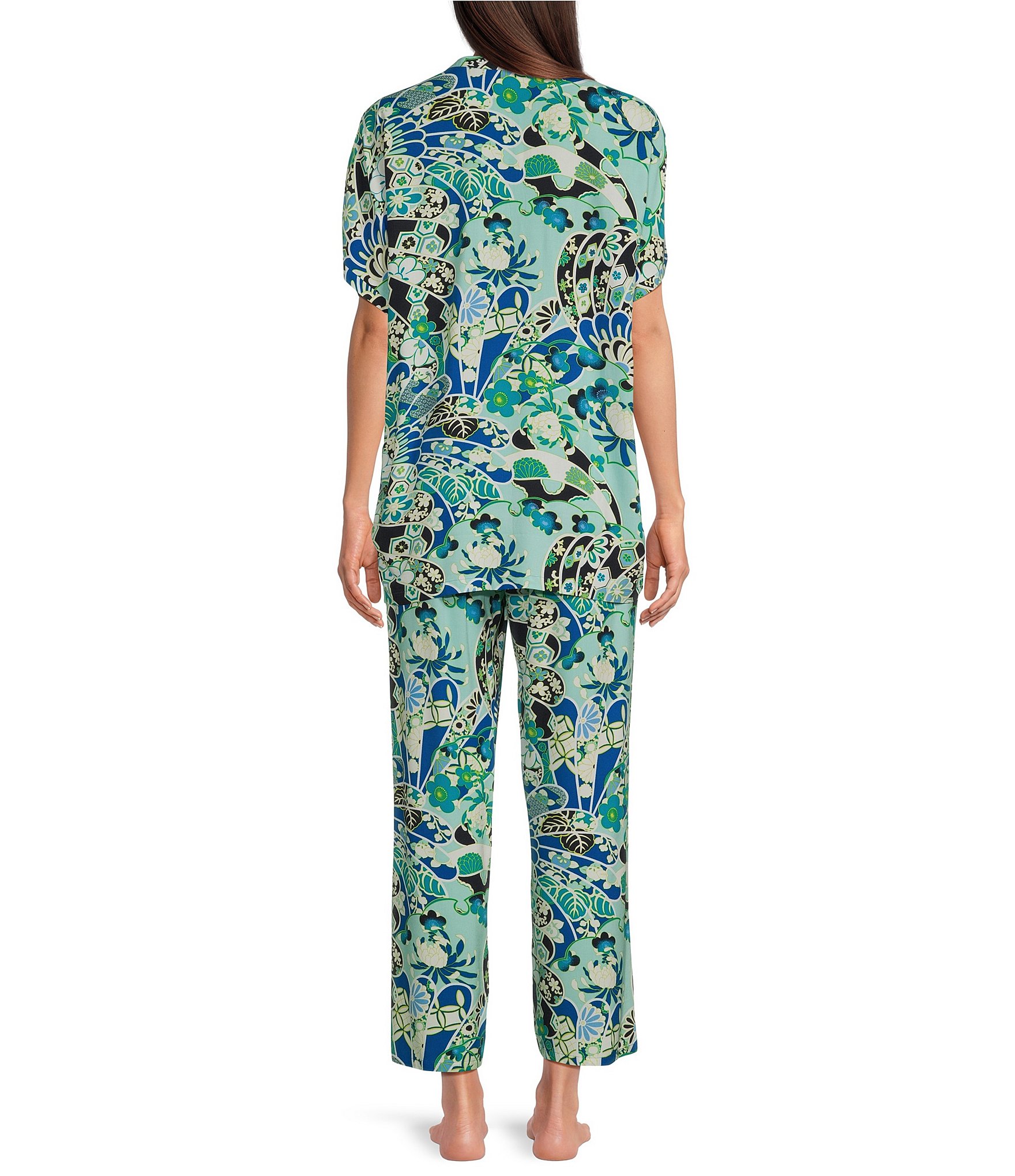 N By Natori Short Sleeve Mandarin Collar Woven Challis Fan Print Pajama Set