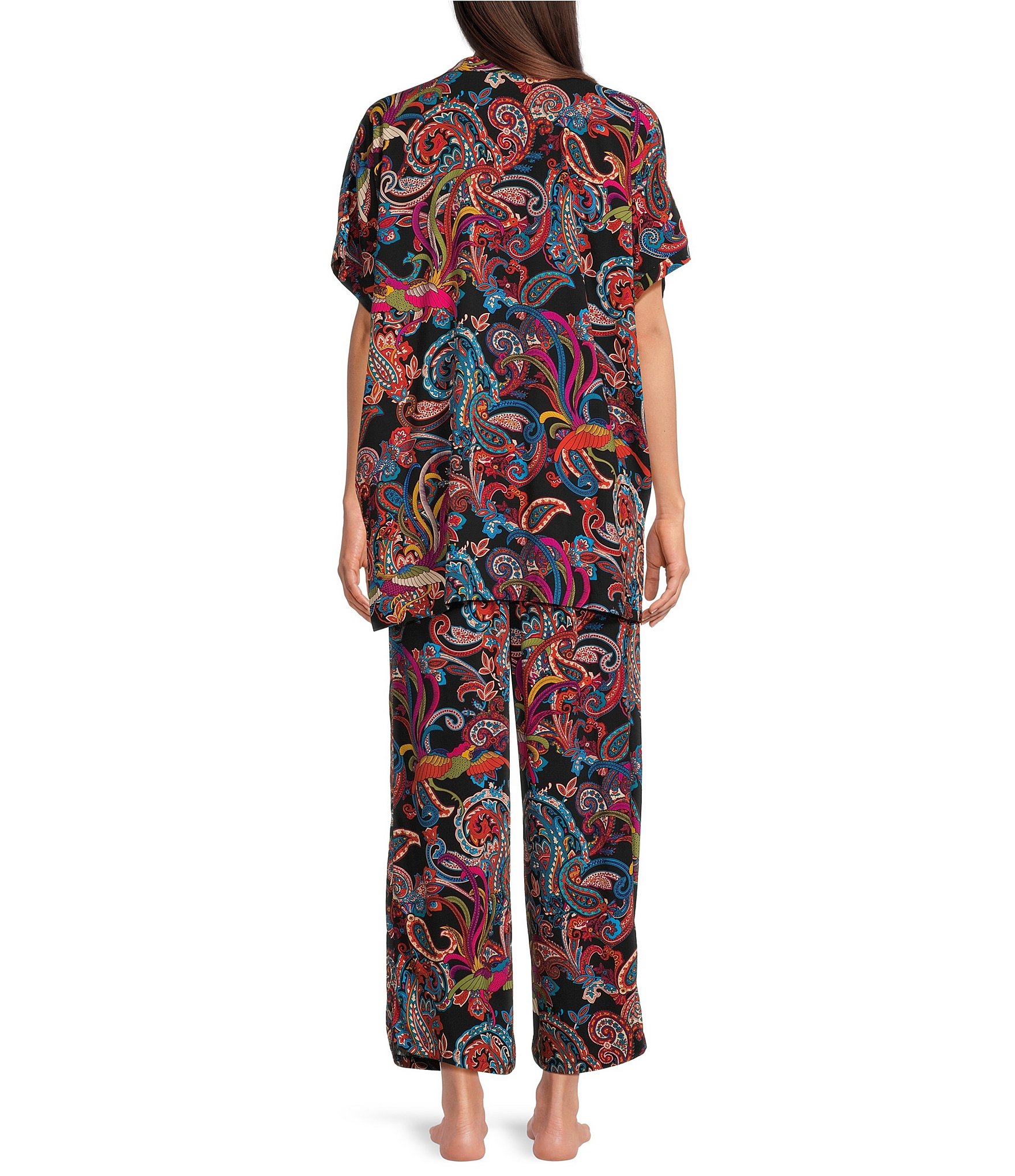 N By Natori Short Sleeve Mandarin Collar Woven Challis Printed Pajama Set