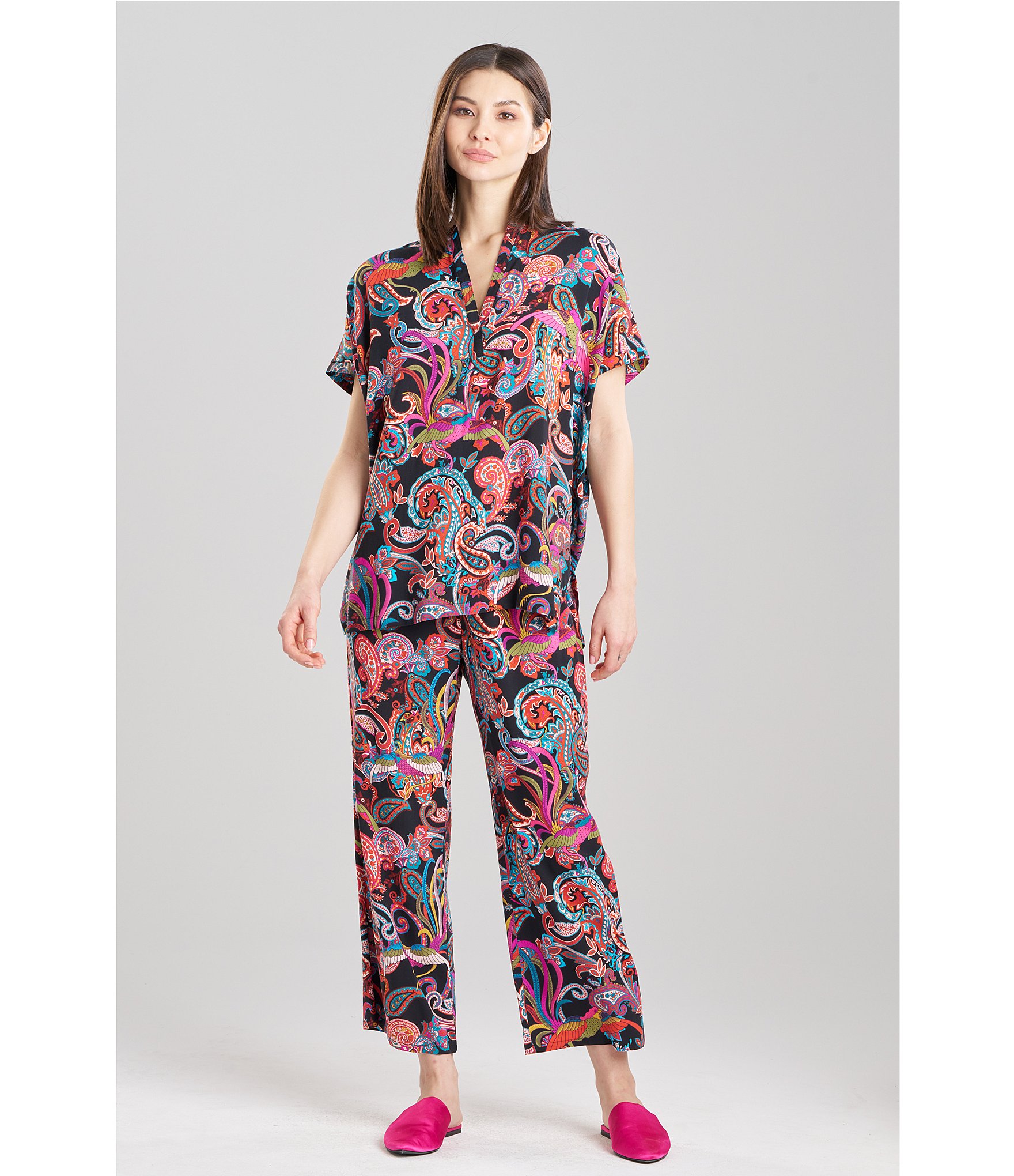 N By Natori Short Sleeve Mandarin Collar Woven Challis Printed Pajama Set