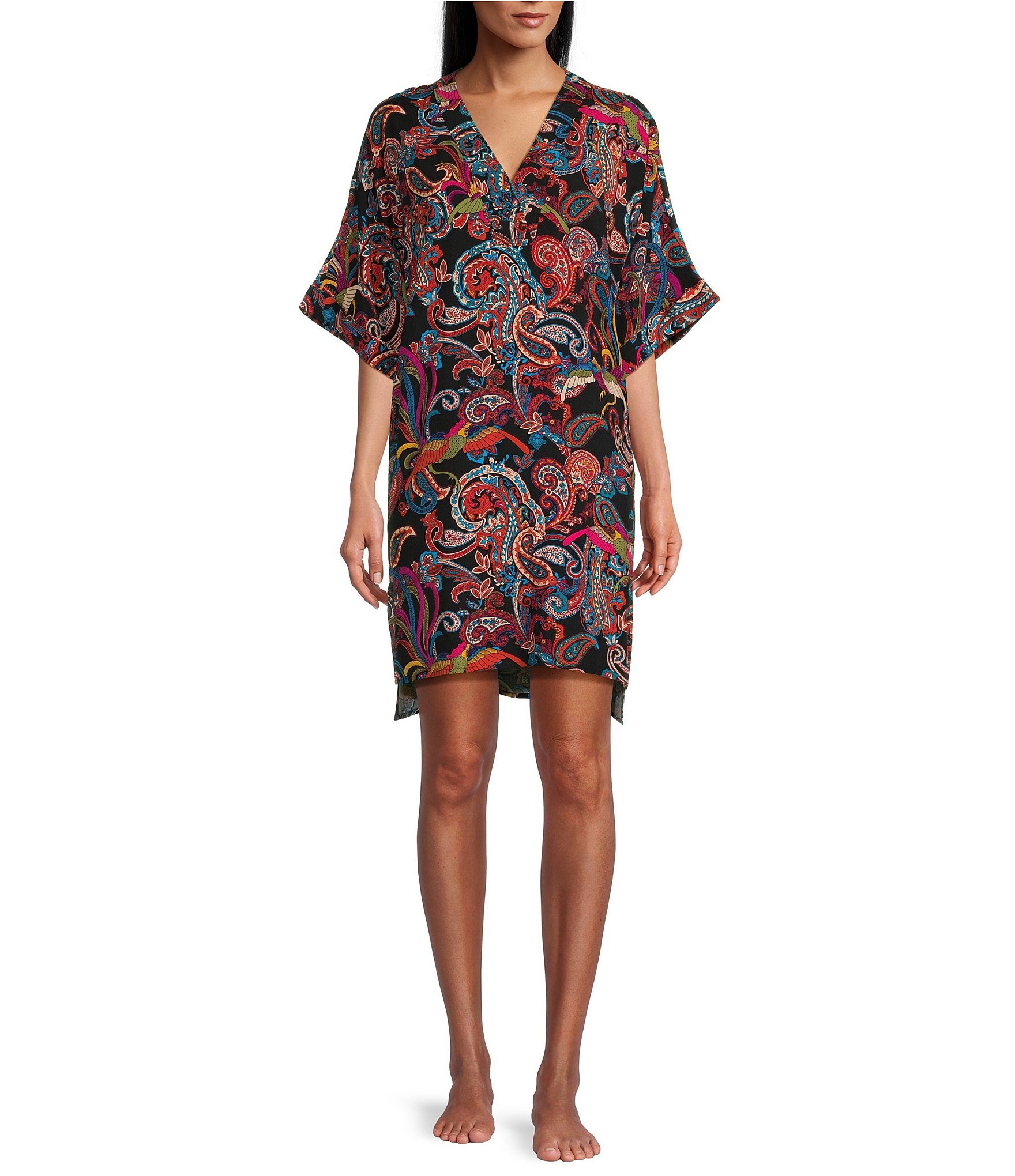 N By Natori Short Sleeve V-Neck Woven Challis Printed Nightshirt