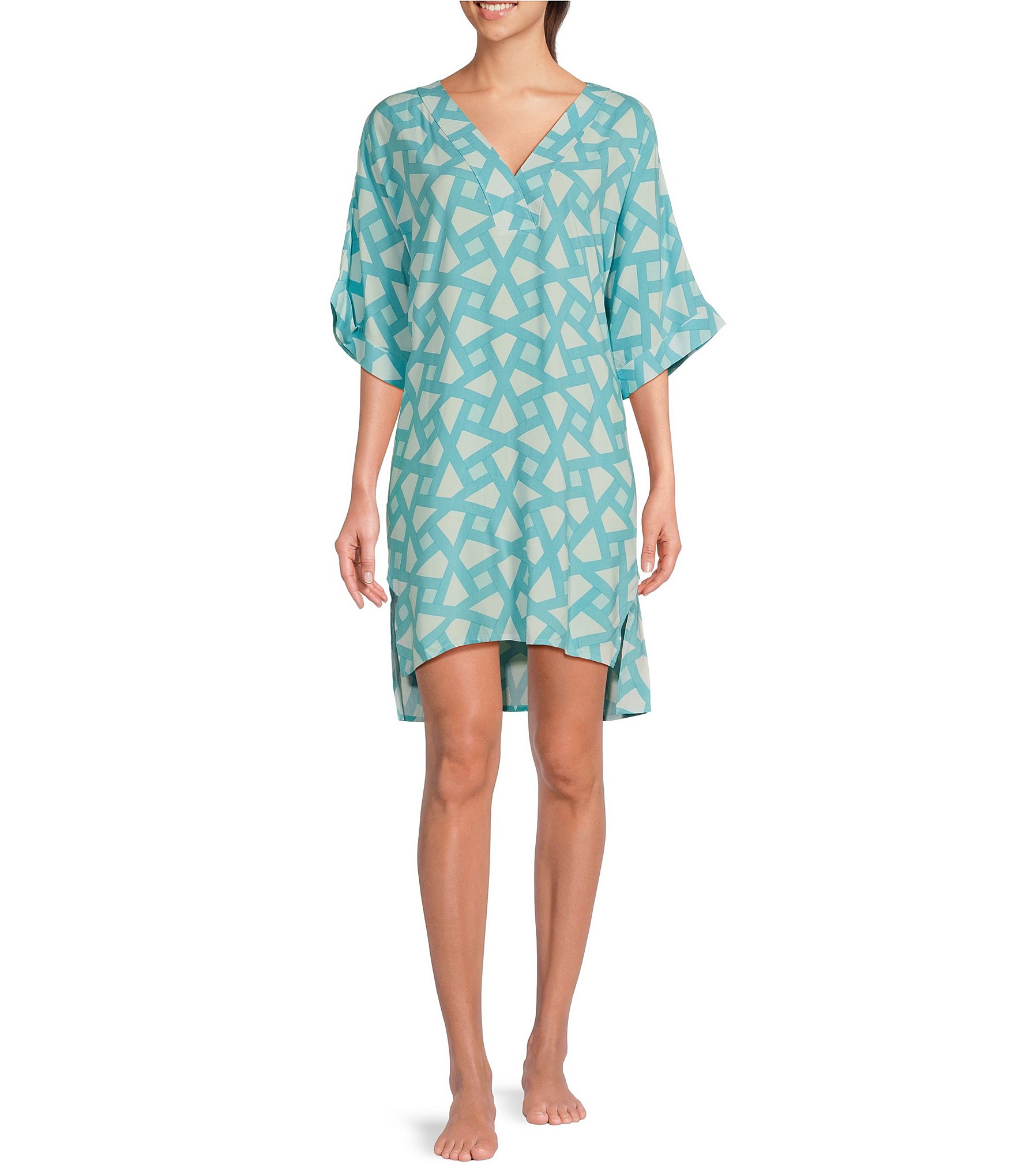 N by Natori Short Sleeve V-Neck Woven Geometric Nightshirt | Dillard's