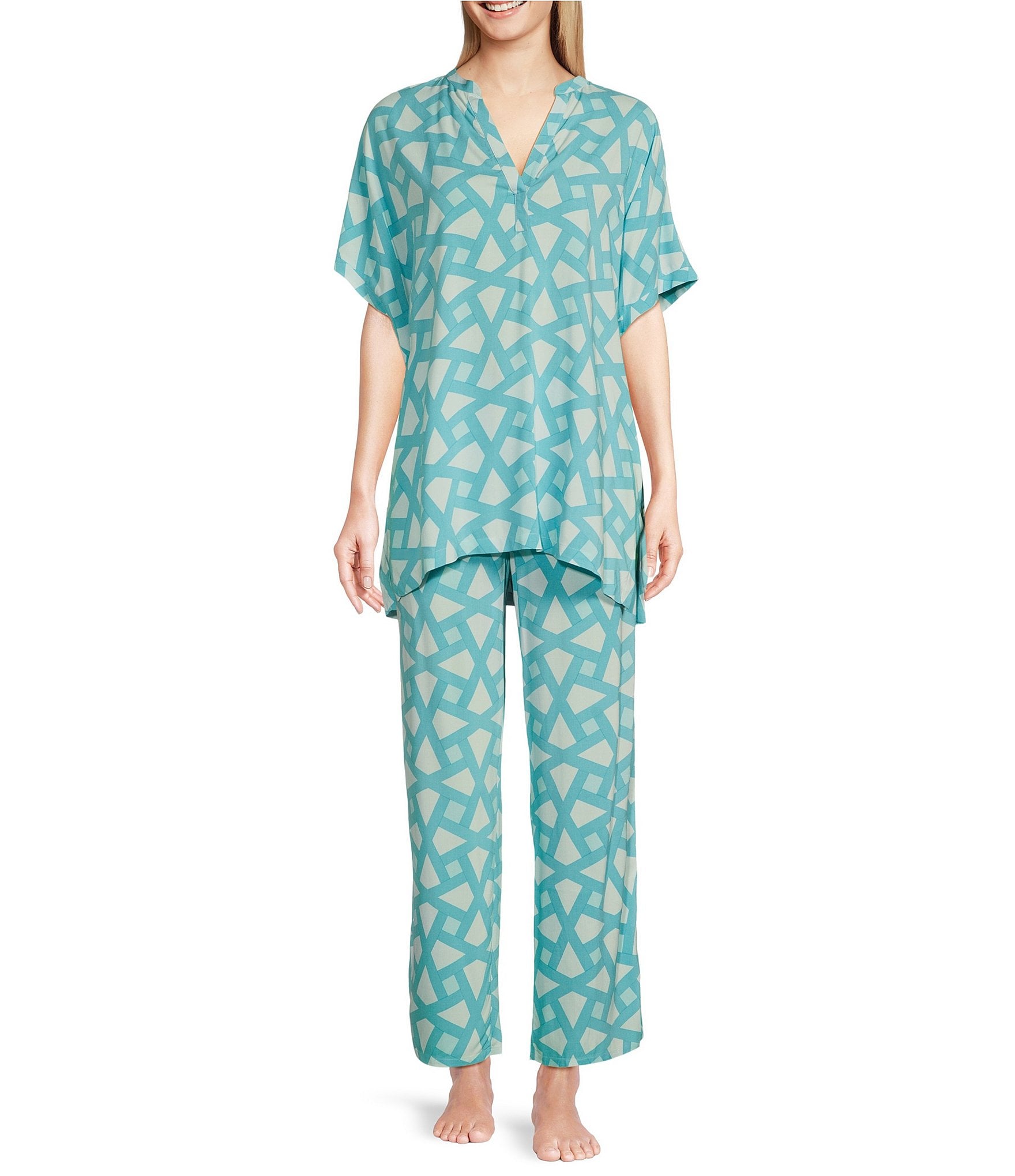 N by Natori Woven Short Sleeve Mandarin Collar Coordinating Geometric  Pajama Set | Dillard's