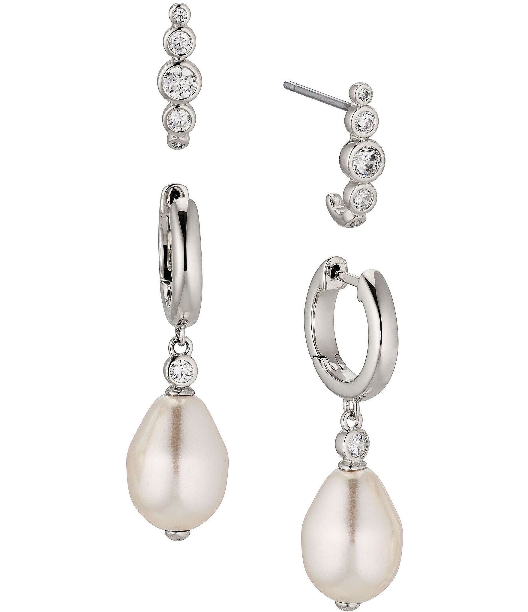 Nadri Siren Pearl and Crystal Hoop Duo Drop Earrings