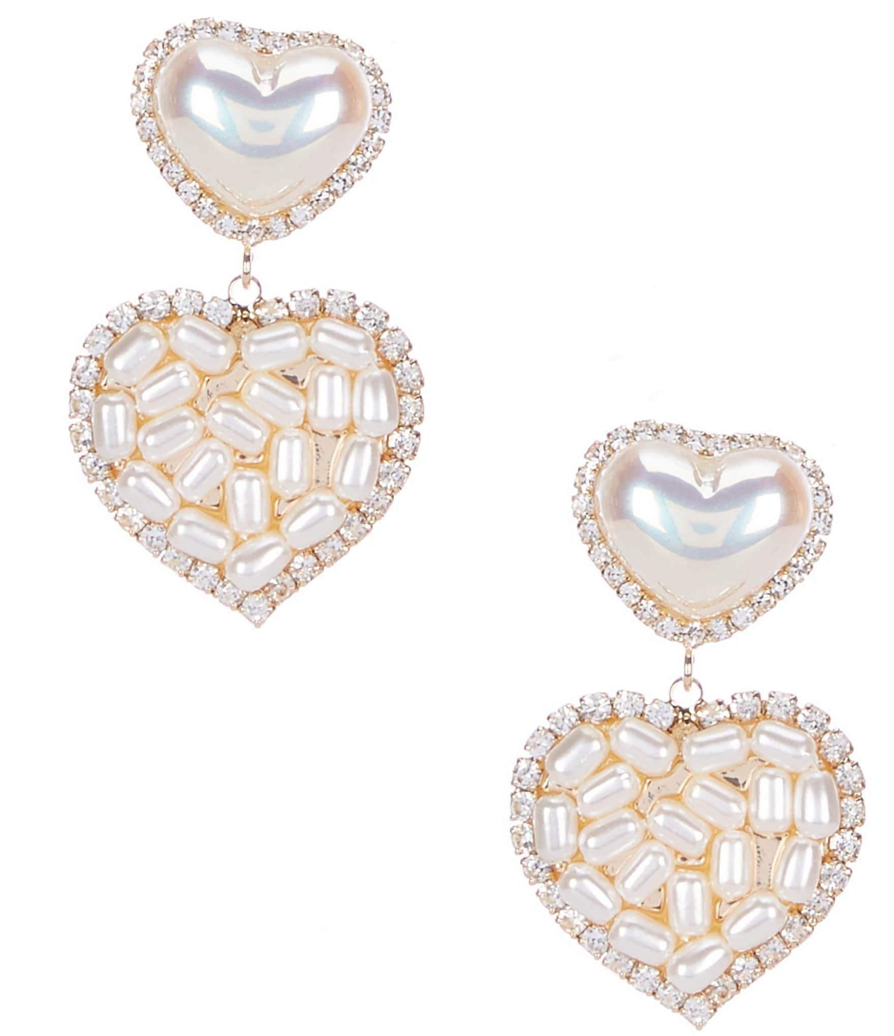 Natasha Accessories Two Heart Pearl Crystal Drop Earrings | Dillard's