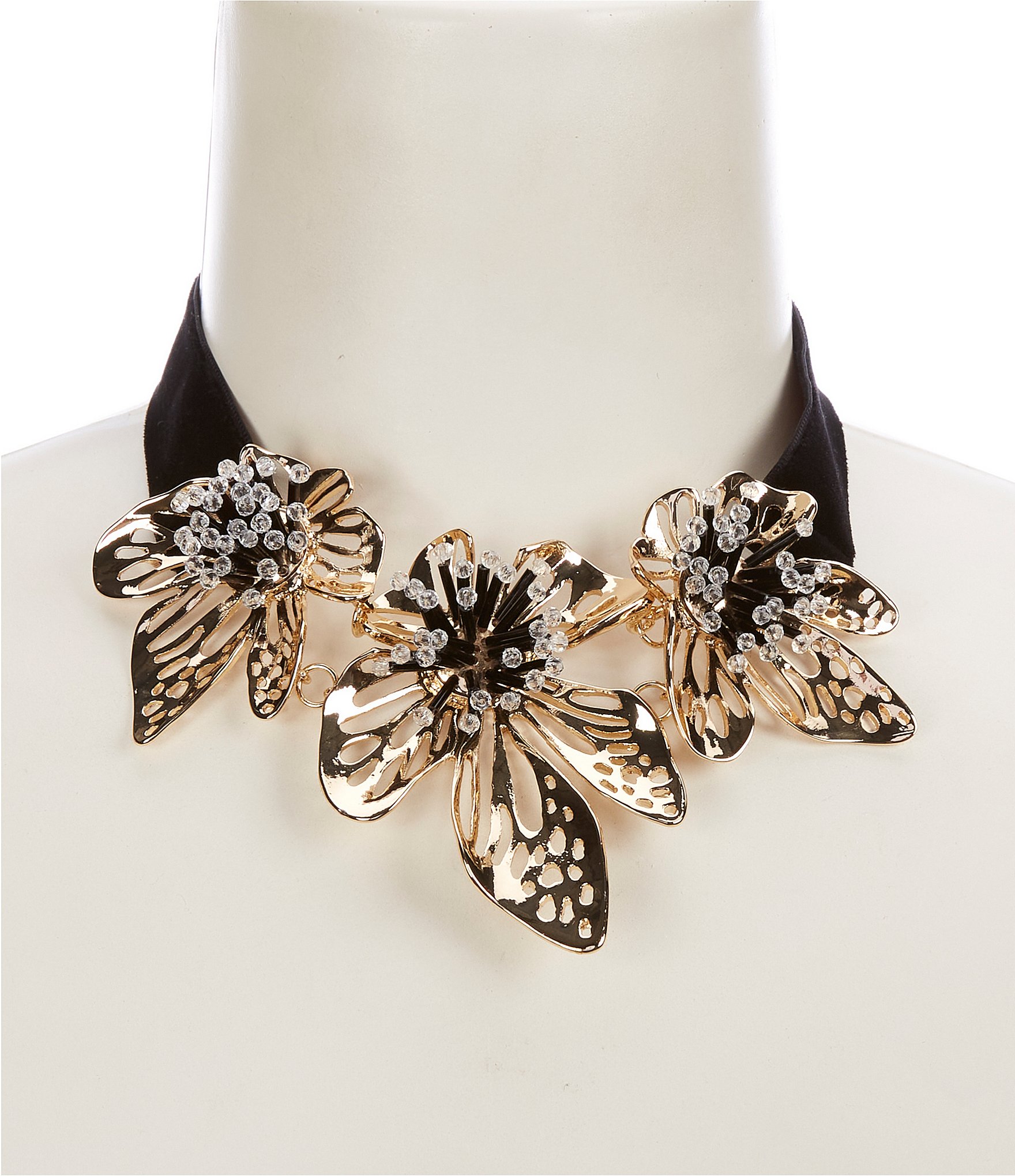 Natasha Accessories Flower Power Black Rhinestone Statement Necklace