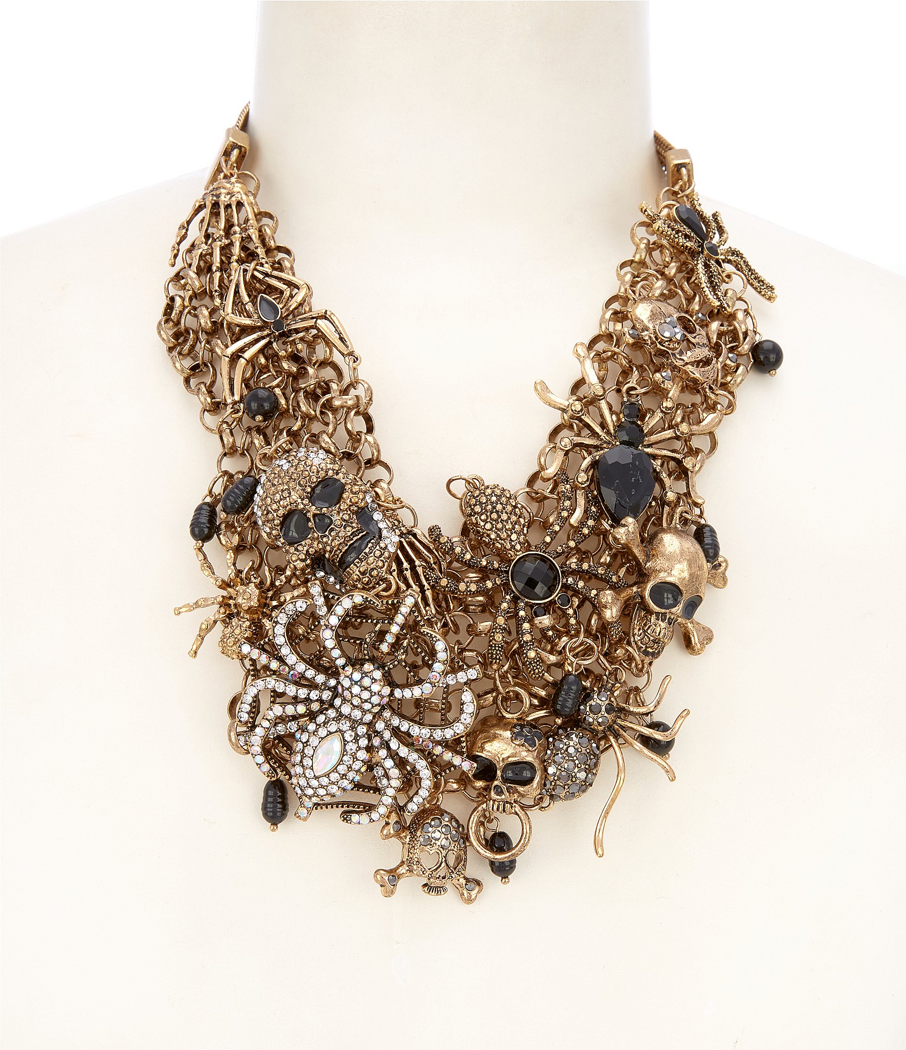 Natasha Accessories Halloween Skull Spider Rhinestone Statement Necklace