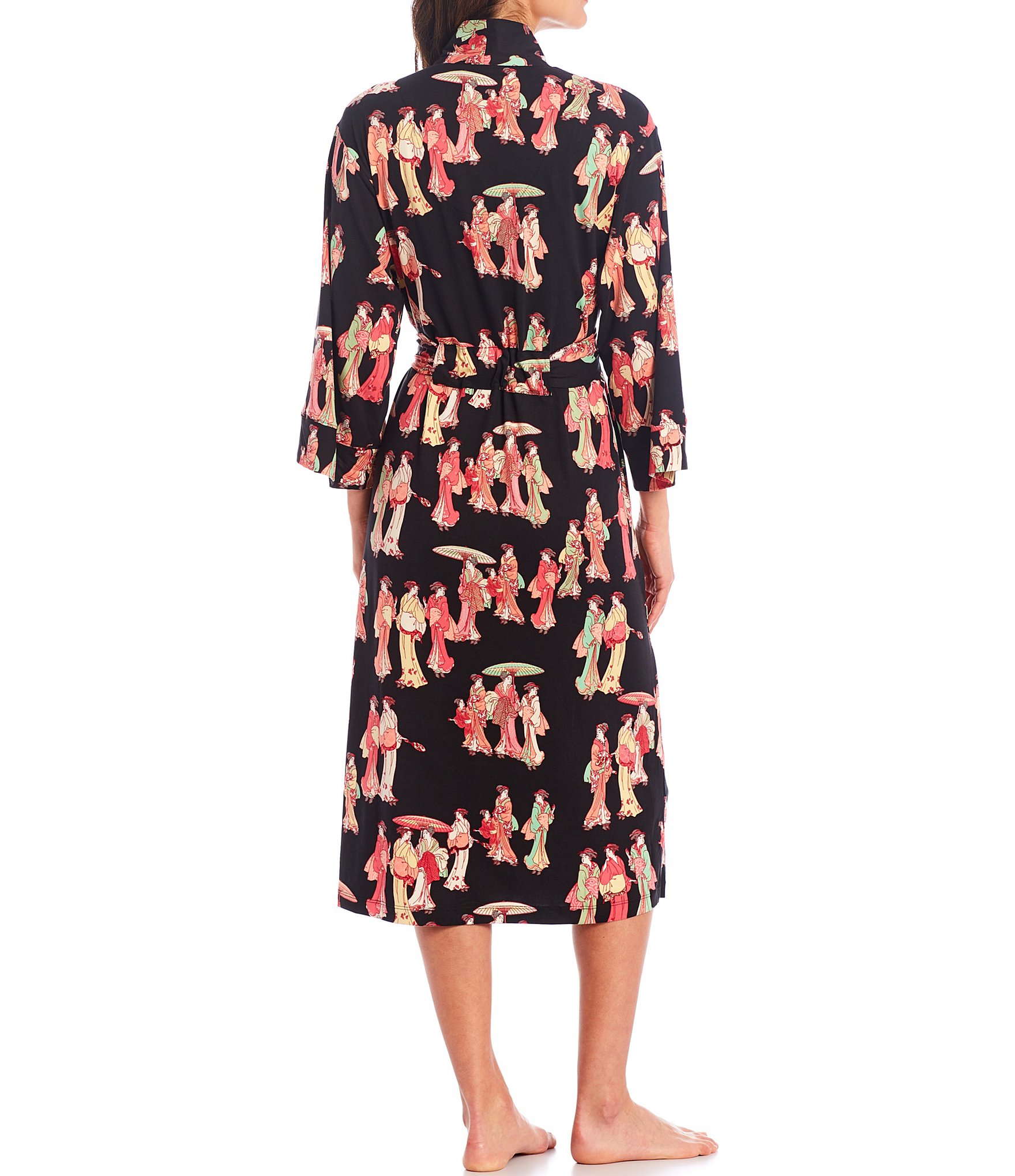 Natori Geisha Printed Cozy Knit Long Sleeve Tie Waist Mid Wrap Robe