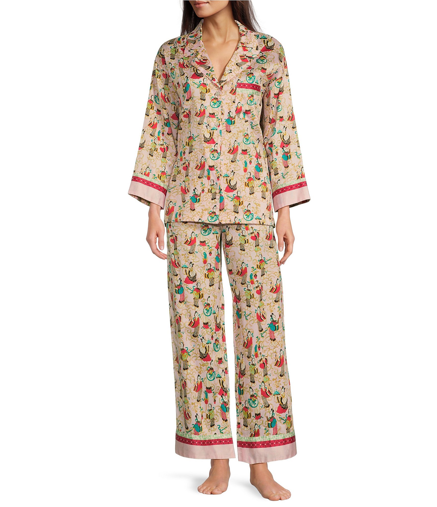 Natori Long Sleeve Notch Collar and Coordinating Pant Tea Garden Printed Pajama Set