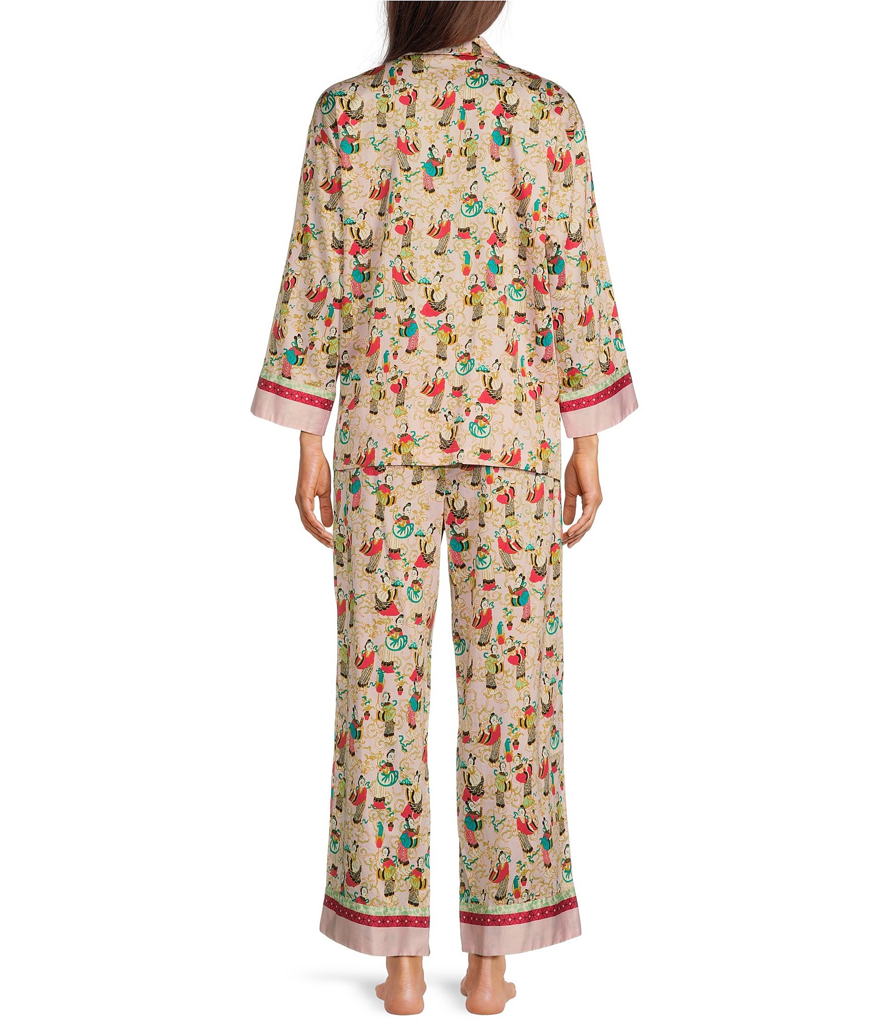 Natori Long Sleeve Notch Collar and Coordinating Pant Tea Garden Printed Pajama Set