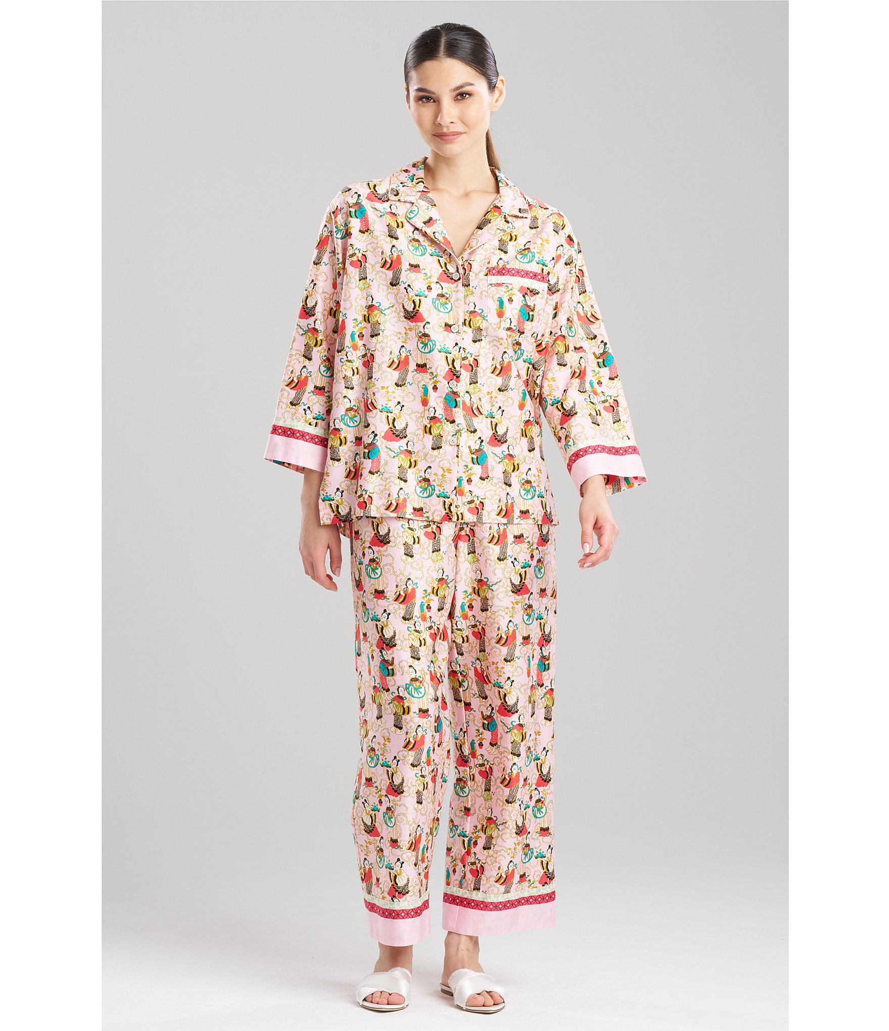 Natori Long Sleeve Notch Collar and Coordinating Pant Tea Garden Printed Pajama Set