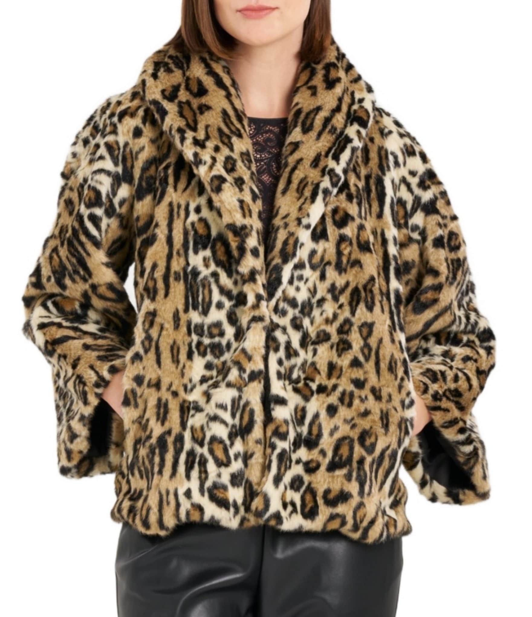 Natori Luxurious Soft Faux Fur Leopard Print Shawl Collar Long Sleeve ...