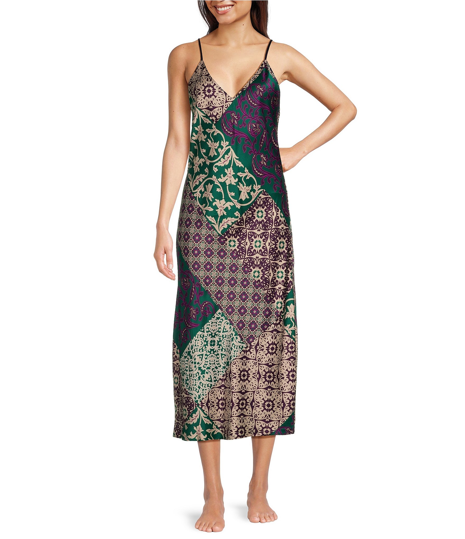 Natori Satin Allover Patchwork Printed Sleeveless V-Neck Nightgown