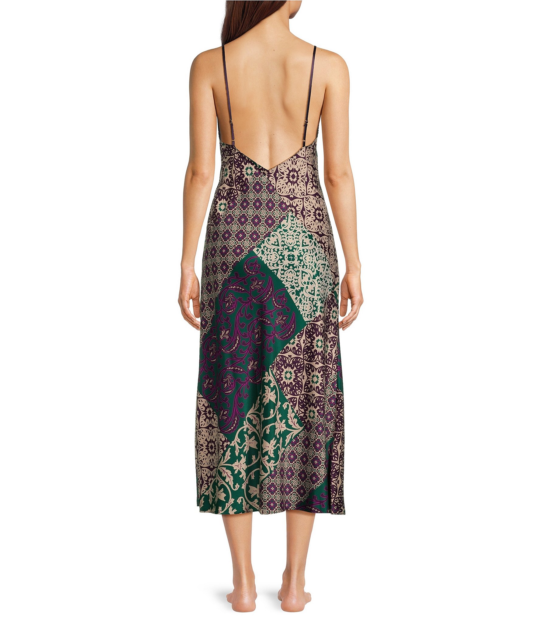 Natori Satin Allover Patchwork Printed Sleeveless V-Neck Nightgown