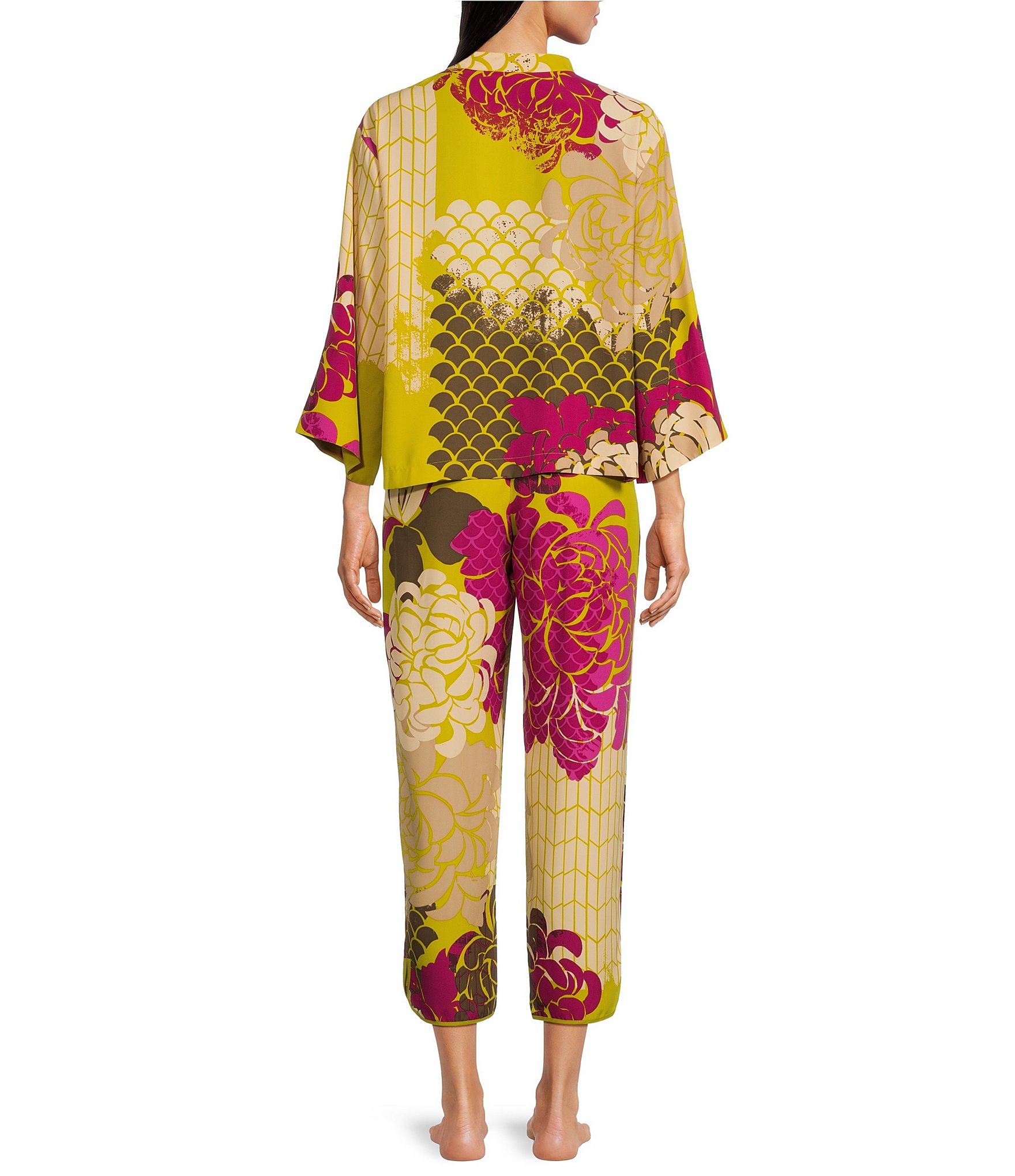 Natori Satin Allover Printed Long Sleeve Mandarin Collar Coordinating Pajama Set