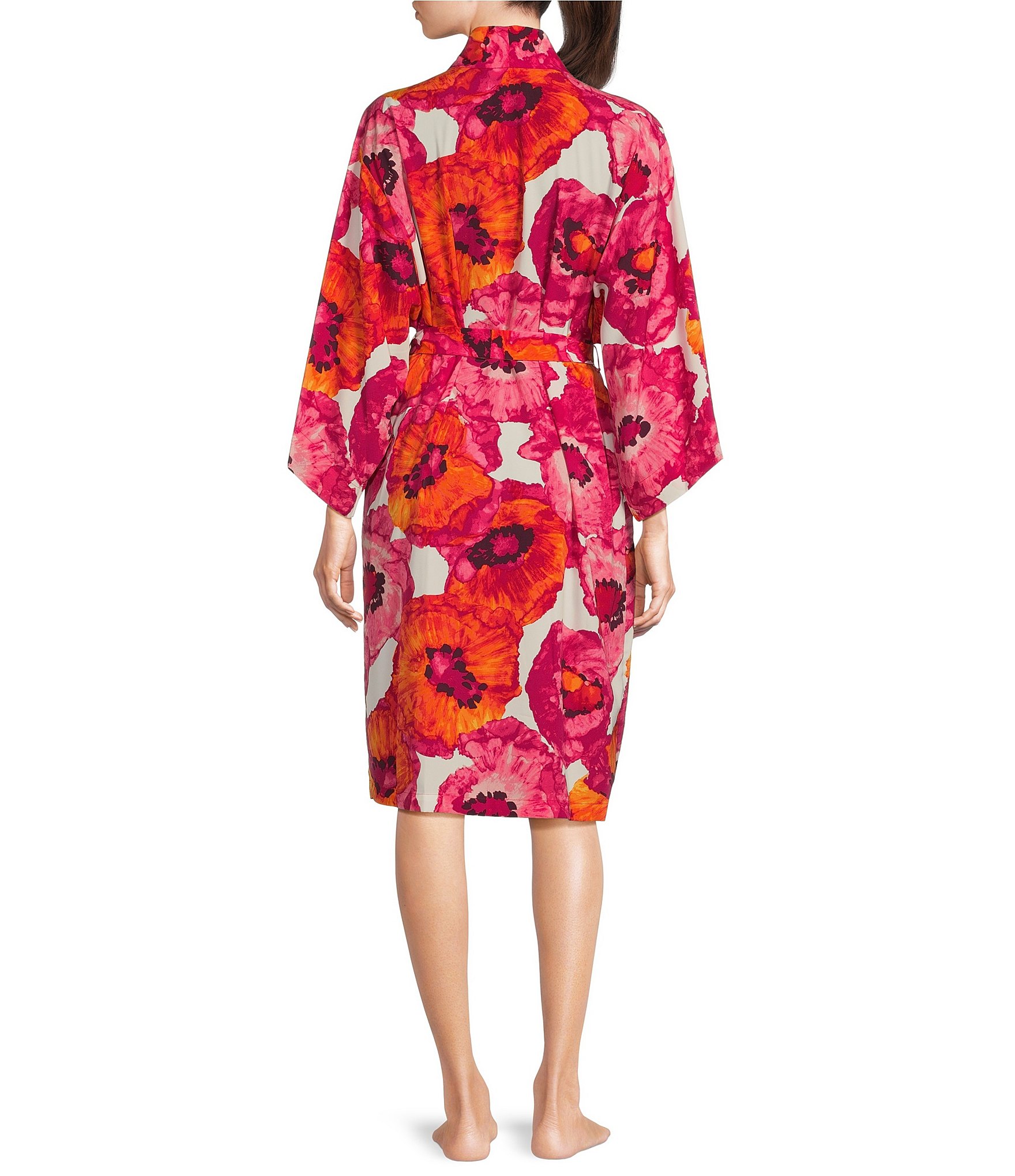 Natori Satin Floral Print Long Sleeve Shawl Collar Tie Front Short Poppy Print Robe