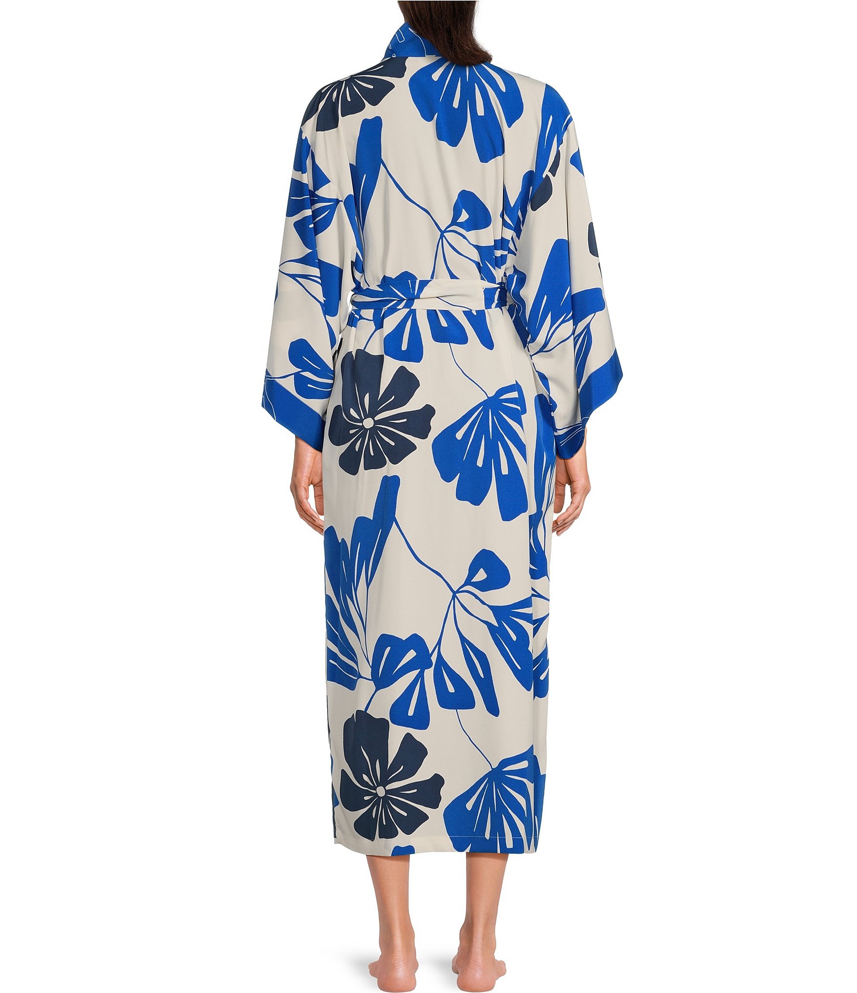 Natori Satin Palm Print Long Sleeve Shawl Collar Coordinating Long Wrap Robe