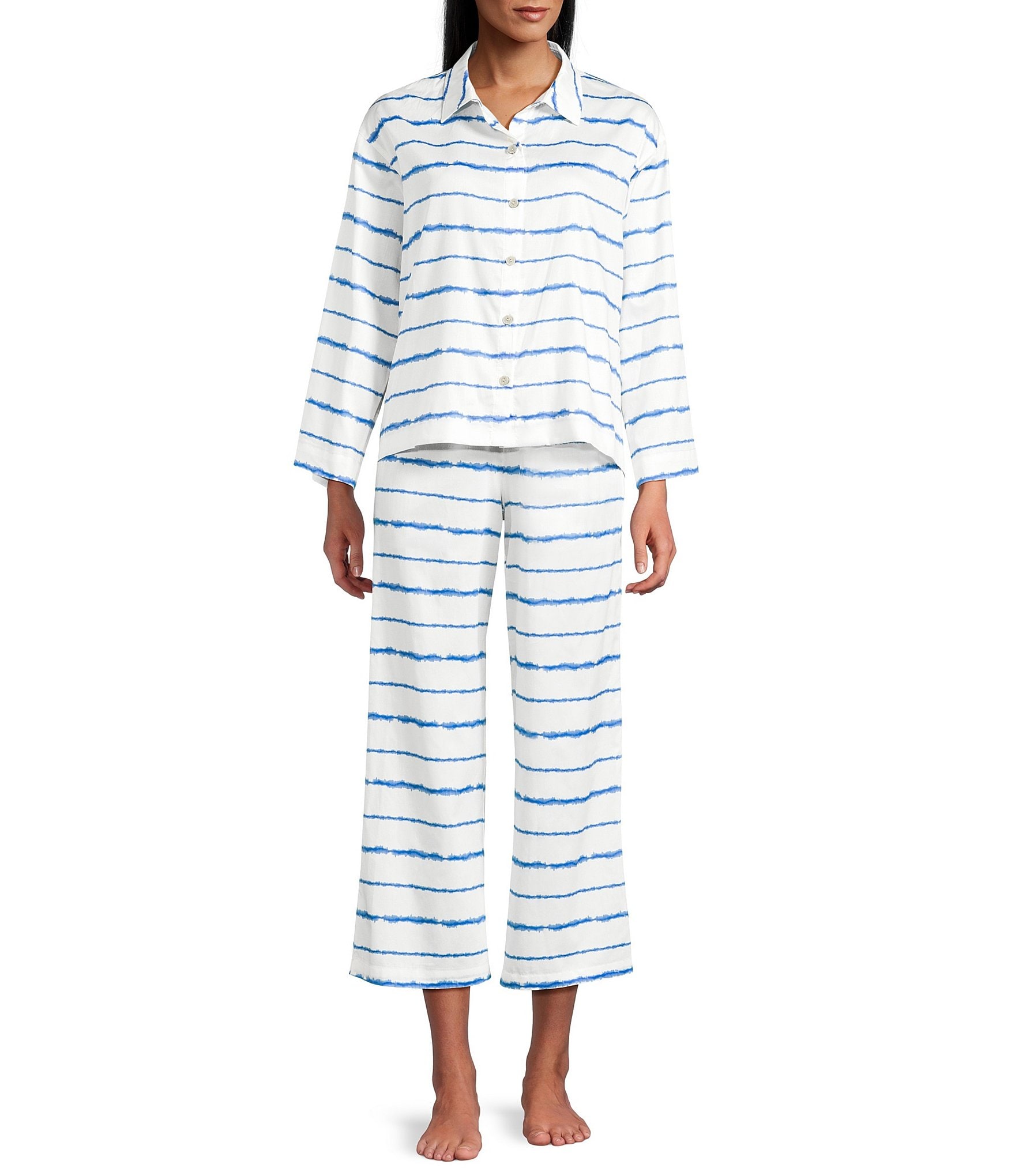 Natori Shibori Tie-Dye Long Sleeve Notch Collar Woven Cropped Pajama Set
