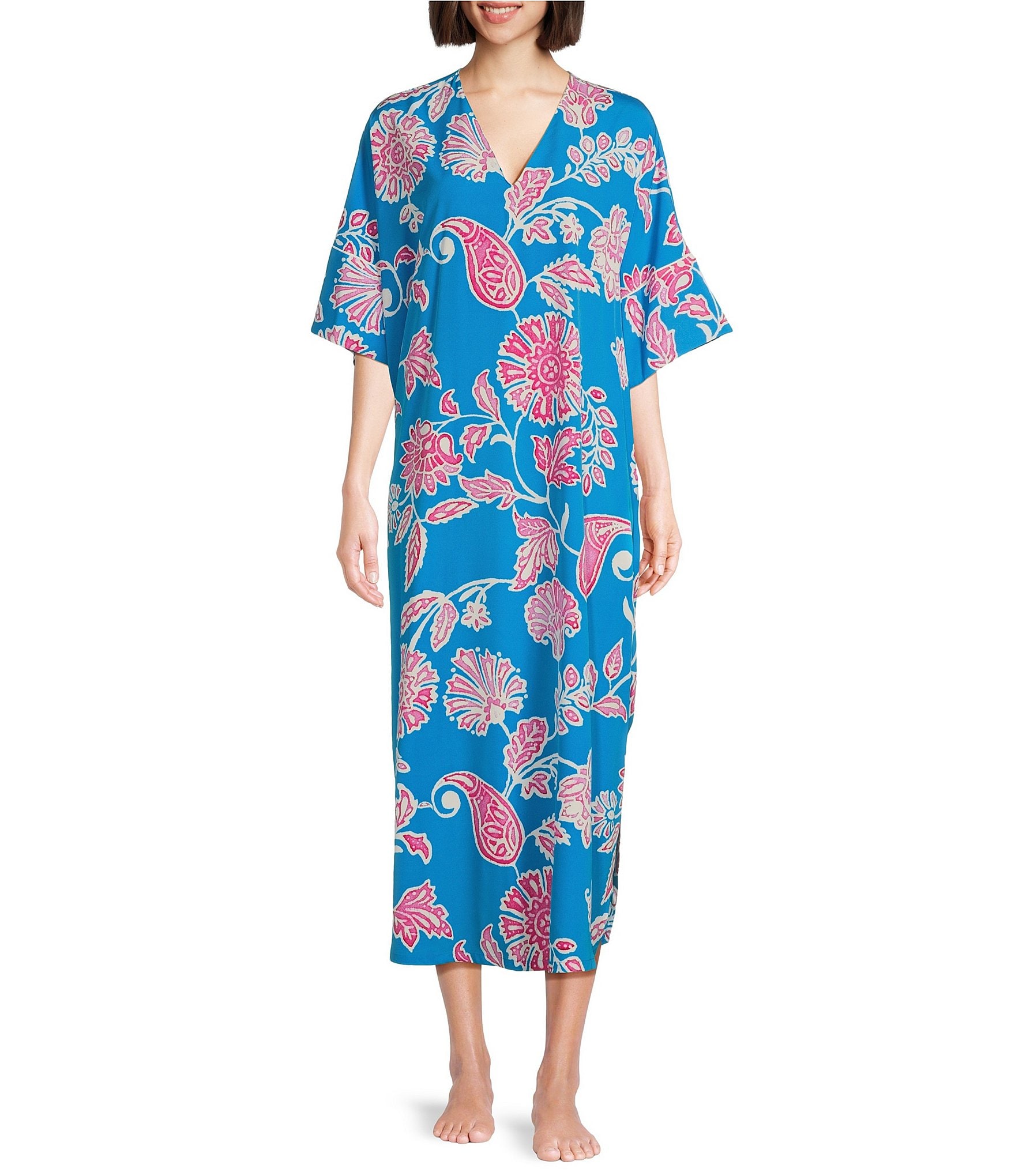 Natori Short Sleeve V-Neck Satin Floral Paisley Print Caftan