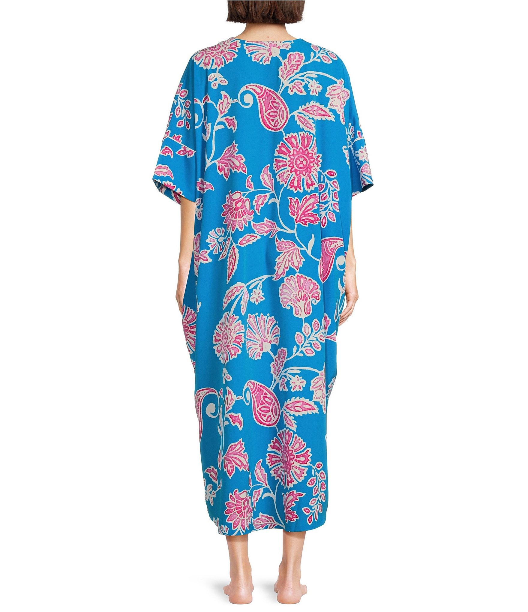 Natori Short Sleeve V-Neck Satin Floral Paisley Print Caftan