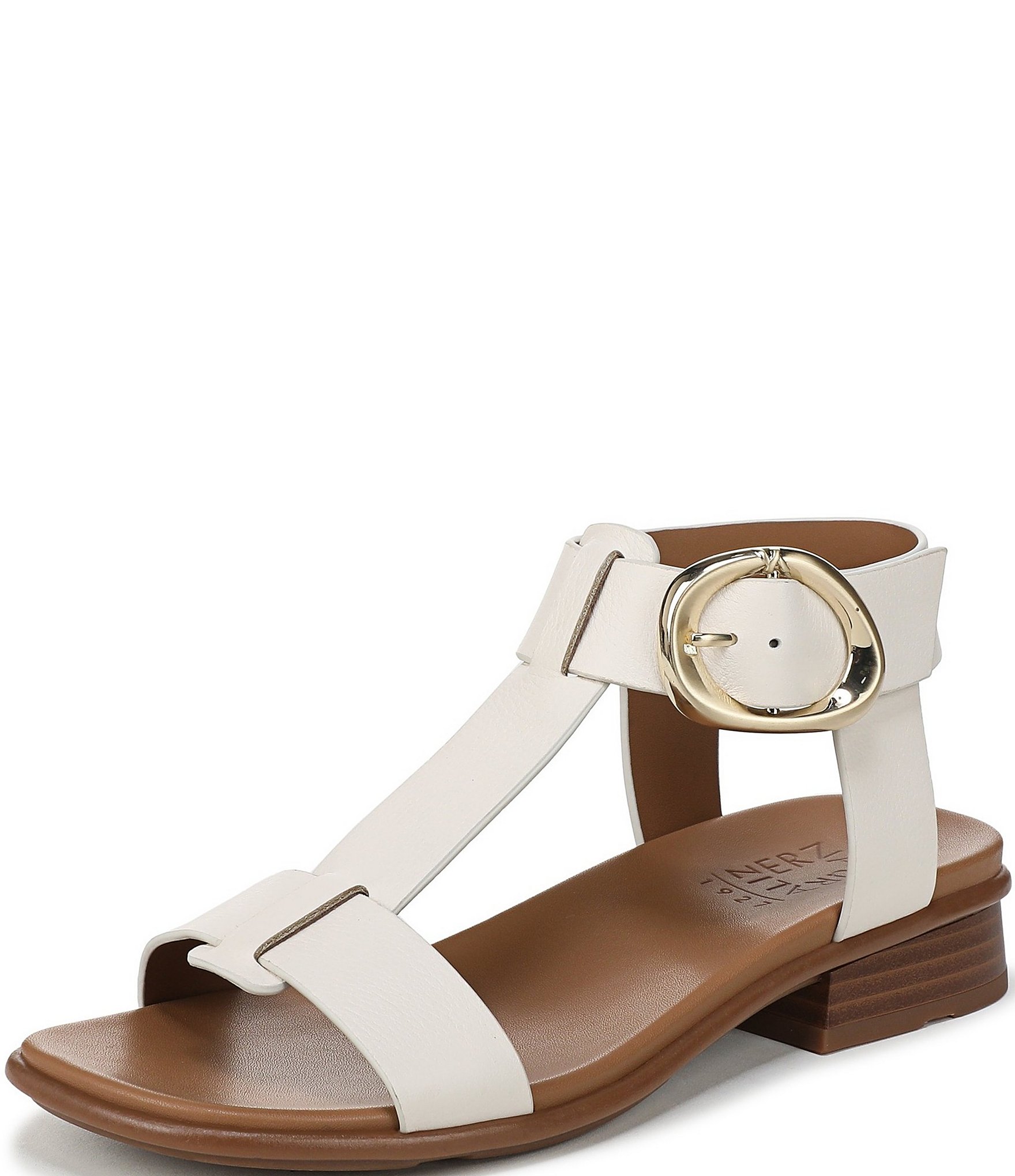 Naturalizer Brandy Leather Big Buckle Hardware T-Strap Ankle Wrap Sandals