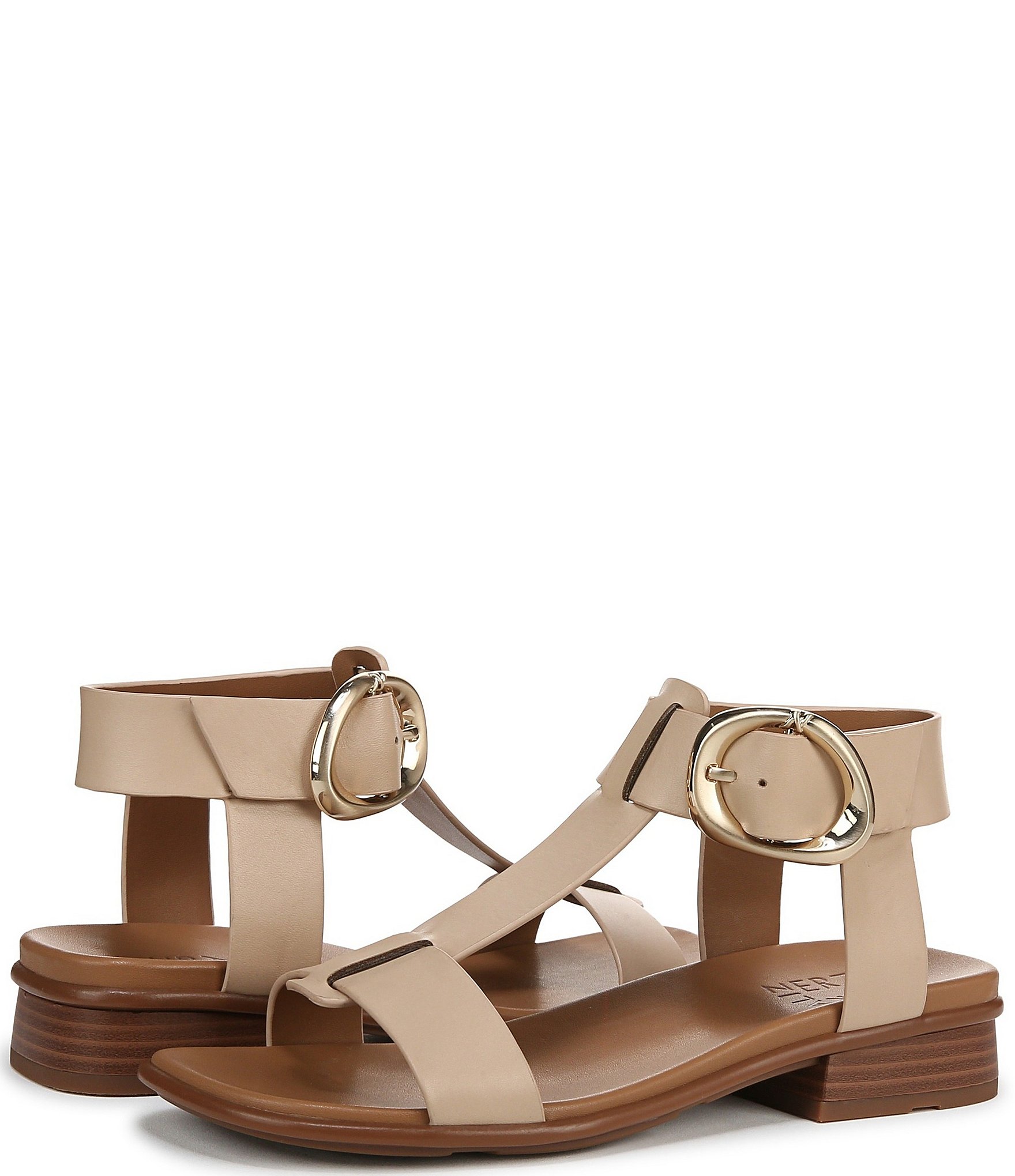 Naturalizer Brandy Leather Big Buckle Hardware T-Strap Ankle Wrap Sandals