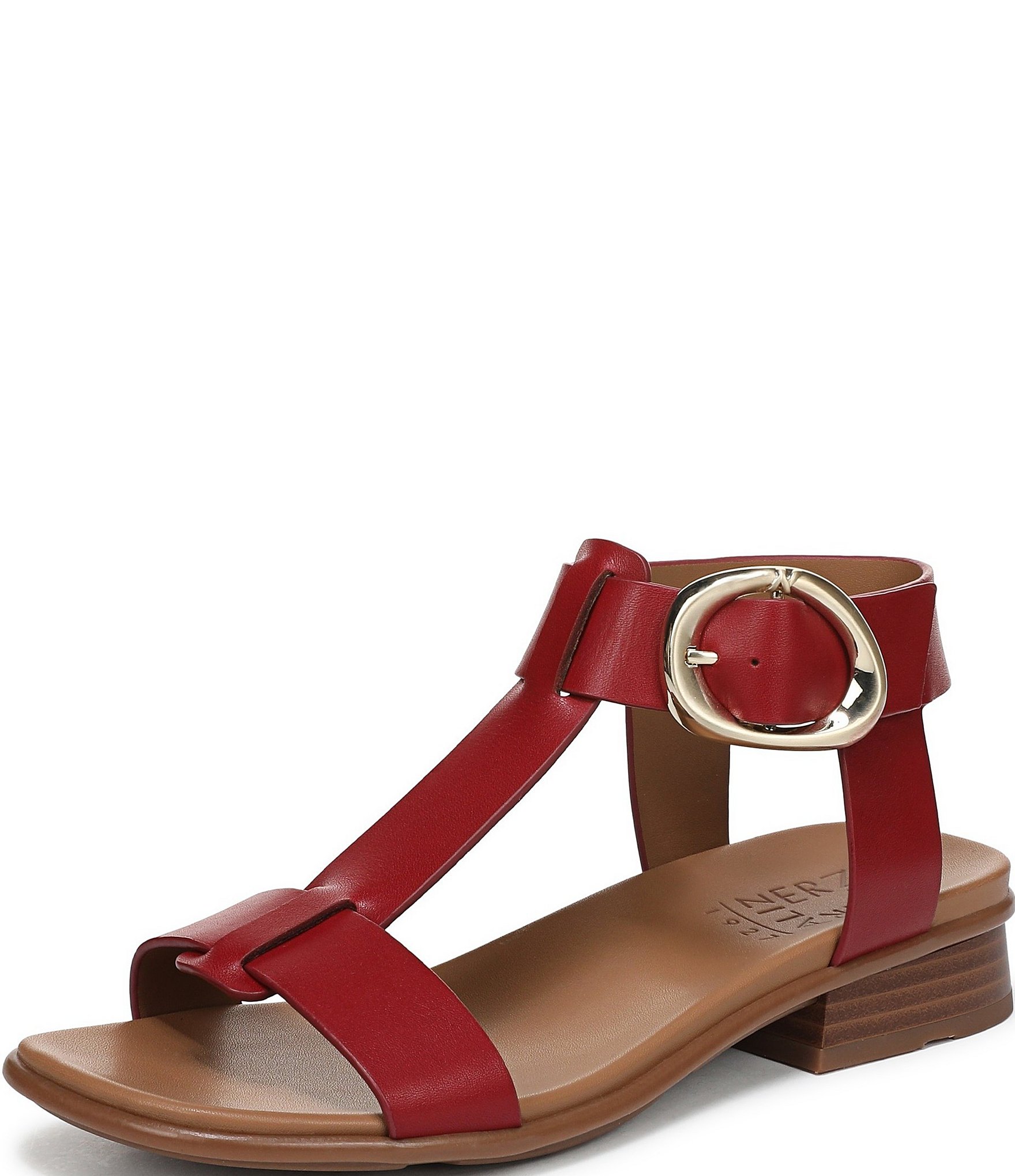 Naturalizer Brandy Leather Big Buckle Hardware T-Strap Ankle Wrap Sandals