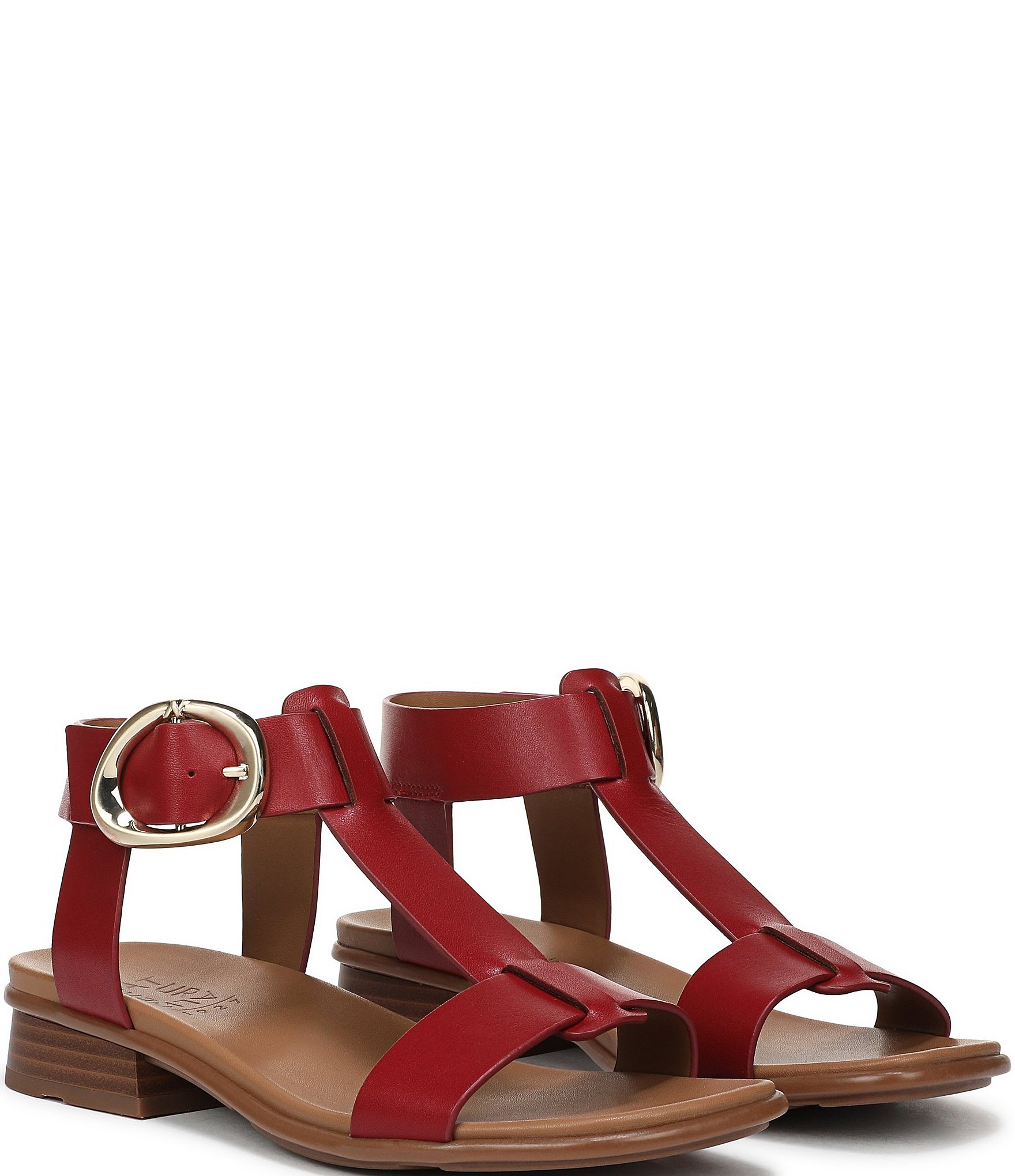 Naturalizer Brandy Leather Big Buckle Hardware T-Strap Ankle Wrap Sandals