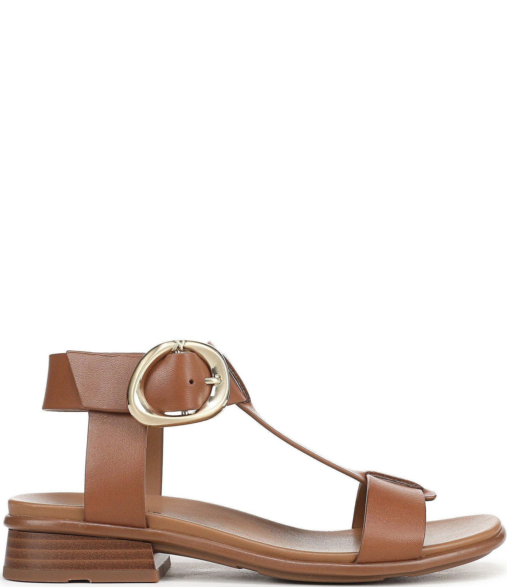 Naturalizer Brandy Leather Big Buckle Hardware T-Strap Ankle Wrap Sandals
