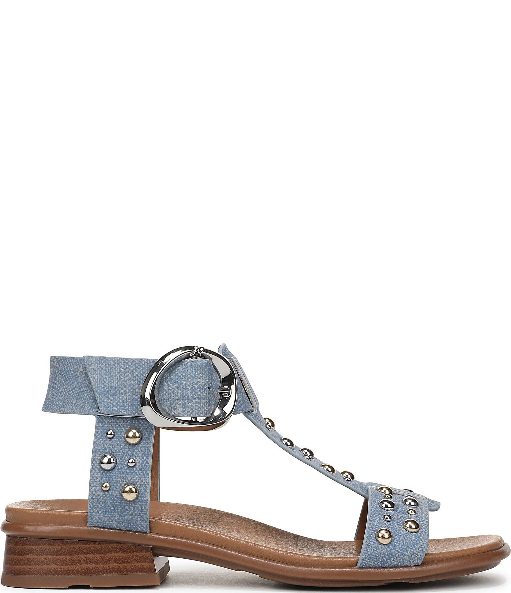 Naturalizer Brandy Studded Denim Big Buckle Hardware T-Strap Ankle Wrap Sandals
