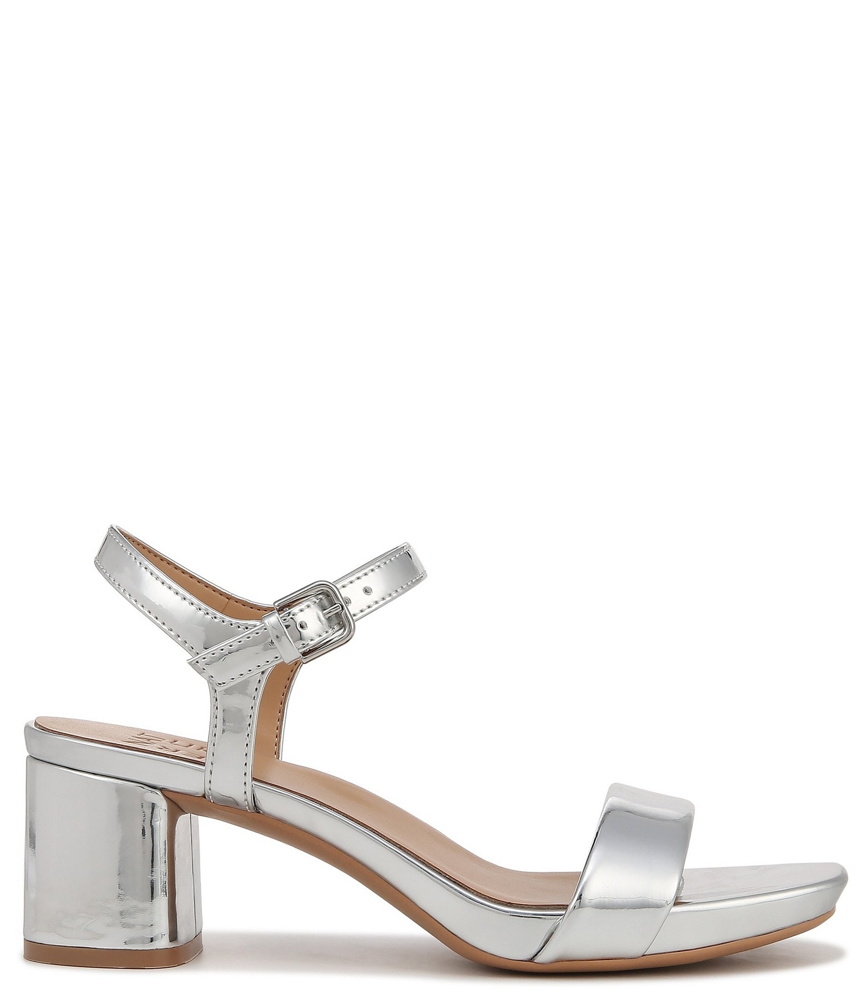 Naturalizer Izzy Patent Metallic Mirror Square Toe Ankle Strap Block Heel Dress Sandals