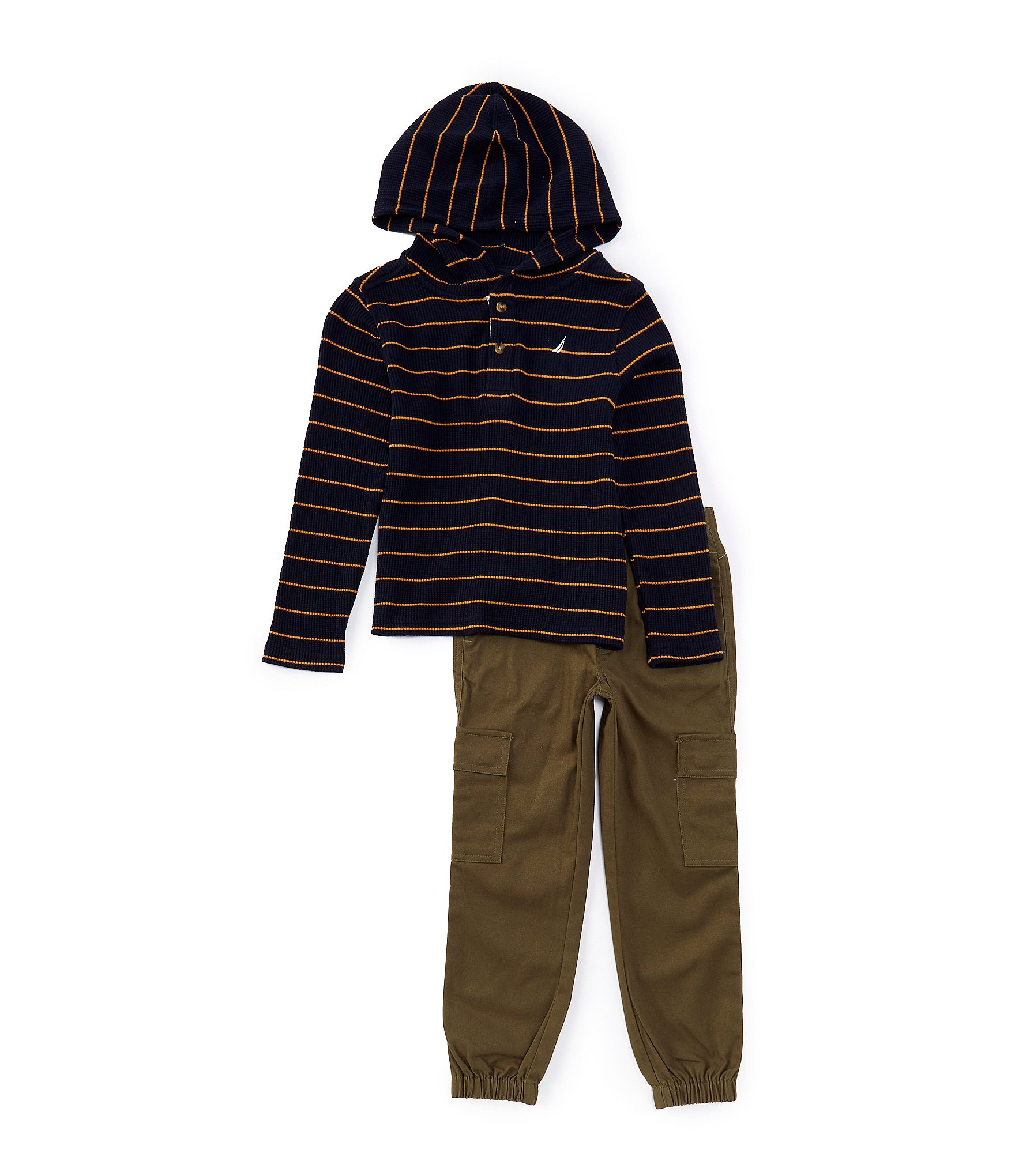 Nautica Baby Boys 12-24 Months Long-Sleeve Striped Thermal Hooded T-Shirt & Solid Twill Cargo Pant Set