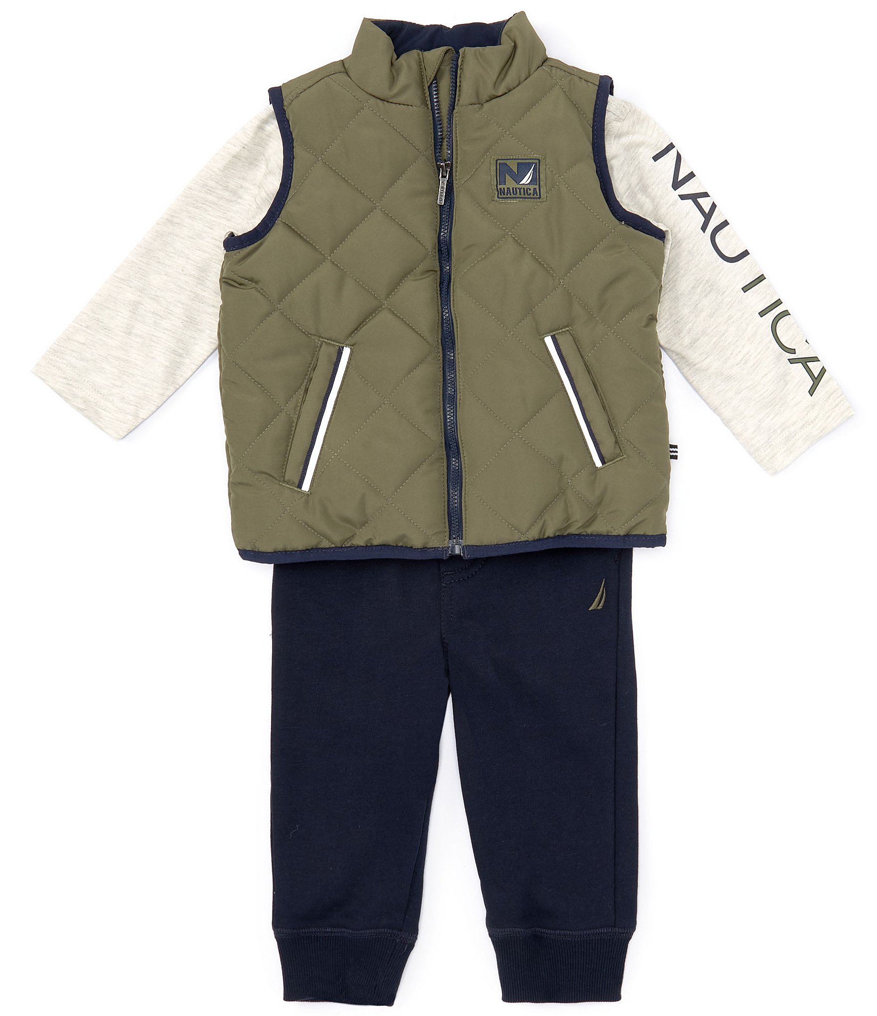 Set Woven Boys Pant Vest, Solid Nautica Jogger 12-24 | Months Baby Quilted Sleeveless & Dillard\'s Solid Knit Fleece Sleeve Tee Long