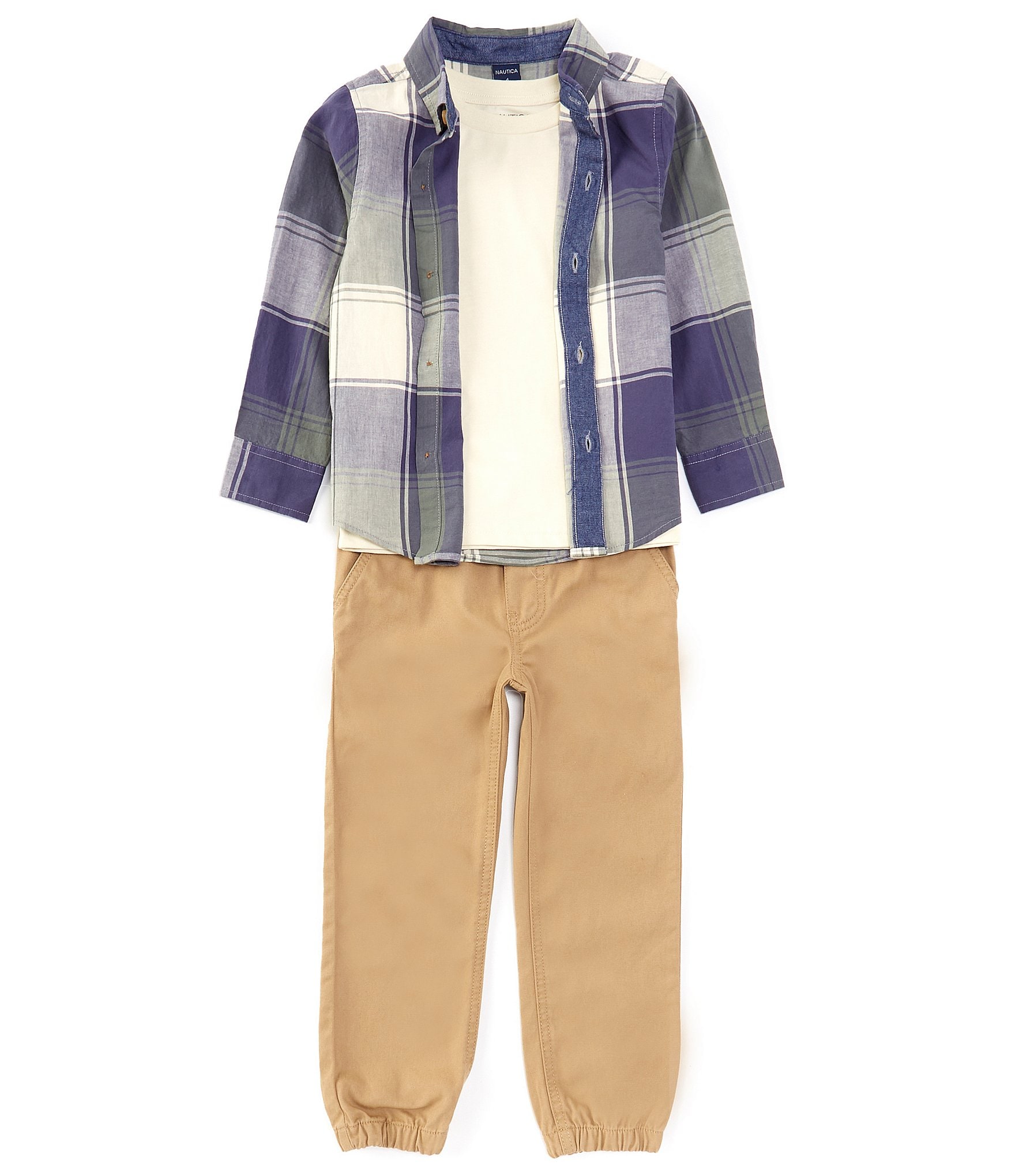 Nautica Little Boys 2T-7 Long-Sleeve Plaid Woven Shirt, Solid Short-Sleeve T-Shirt & Solid Jogger Pant Set