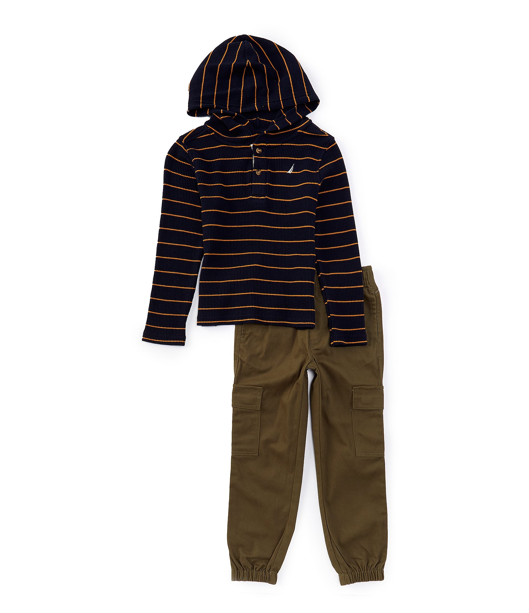 Nautica Little Boys 2T-7 Long Sleeve Striped Henley Hooded Top & Twill Caro Joggers 2-Piece Set