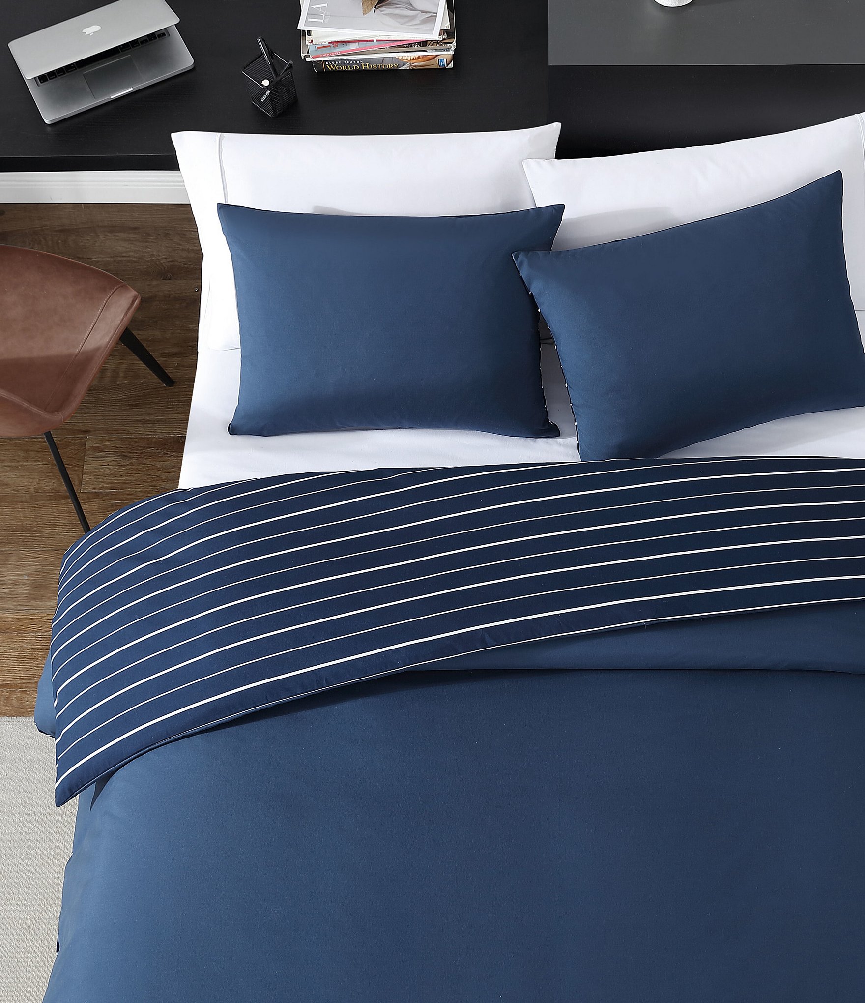 Nautica Longdale Solid Striped Brushed Microfiber Reversible Duvet Cover Mini Set