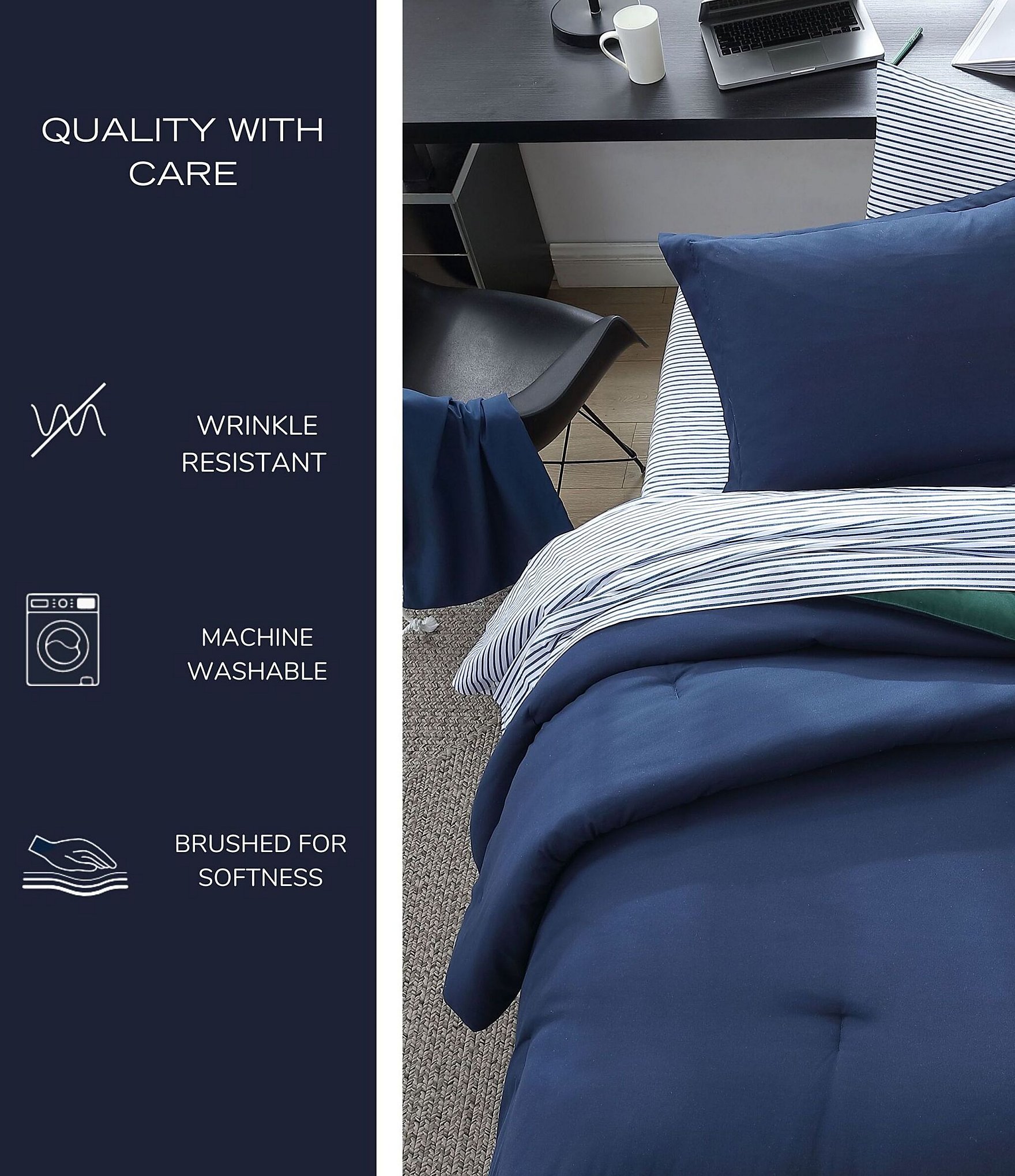 Nautica Solid Navy Brushed Microfiber Reversible Comforter And Bonus Set