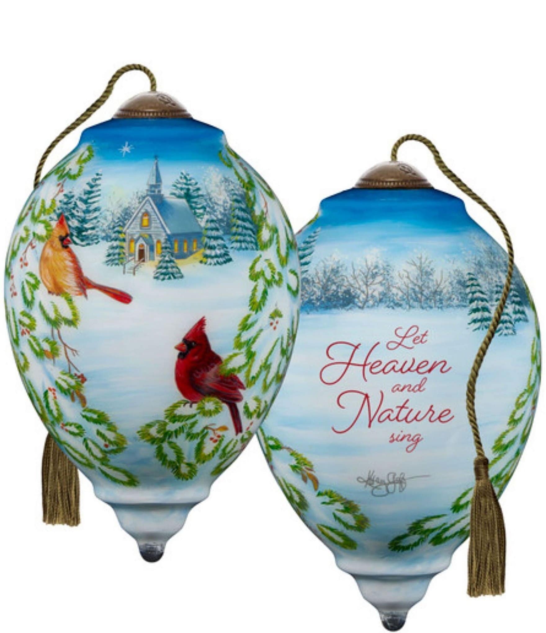 Original Ne'Qwa Reverse Handpainted Winter Cardinals Ornament signed by outlet Artist